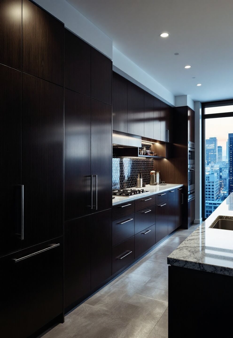 Stylish 16x18ft urban kitchen with dark-stained hickory cabinets, metallic inlays, chrome accents, and LED under-cabinet lighting against an evening city light backdrop.