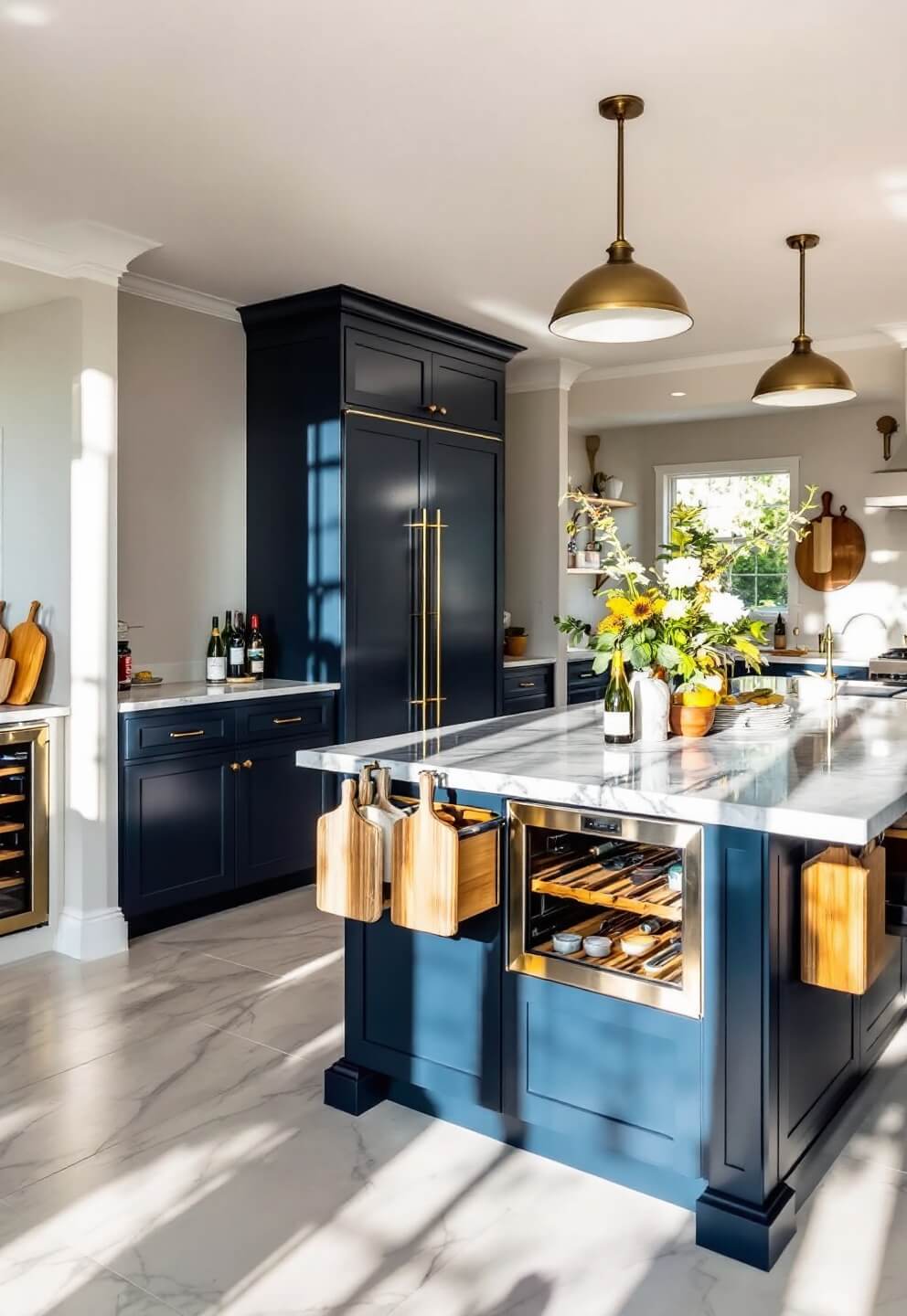 A sunlit luxury kitchen with a navy blue island topped with quartzite and a built-in, glass-front wine fridge. Styled with wine bottles and cutting boards, featuring brass pendant lights and hidden amenities.