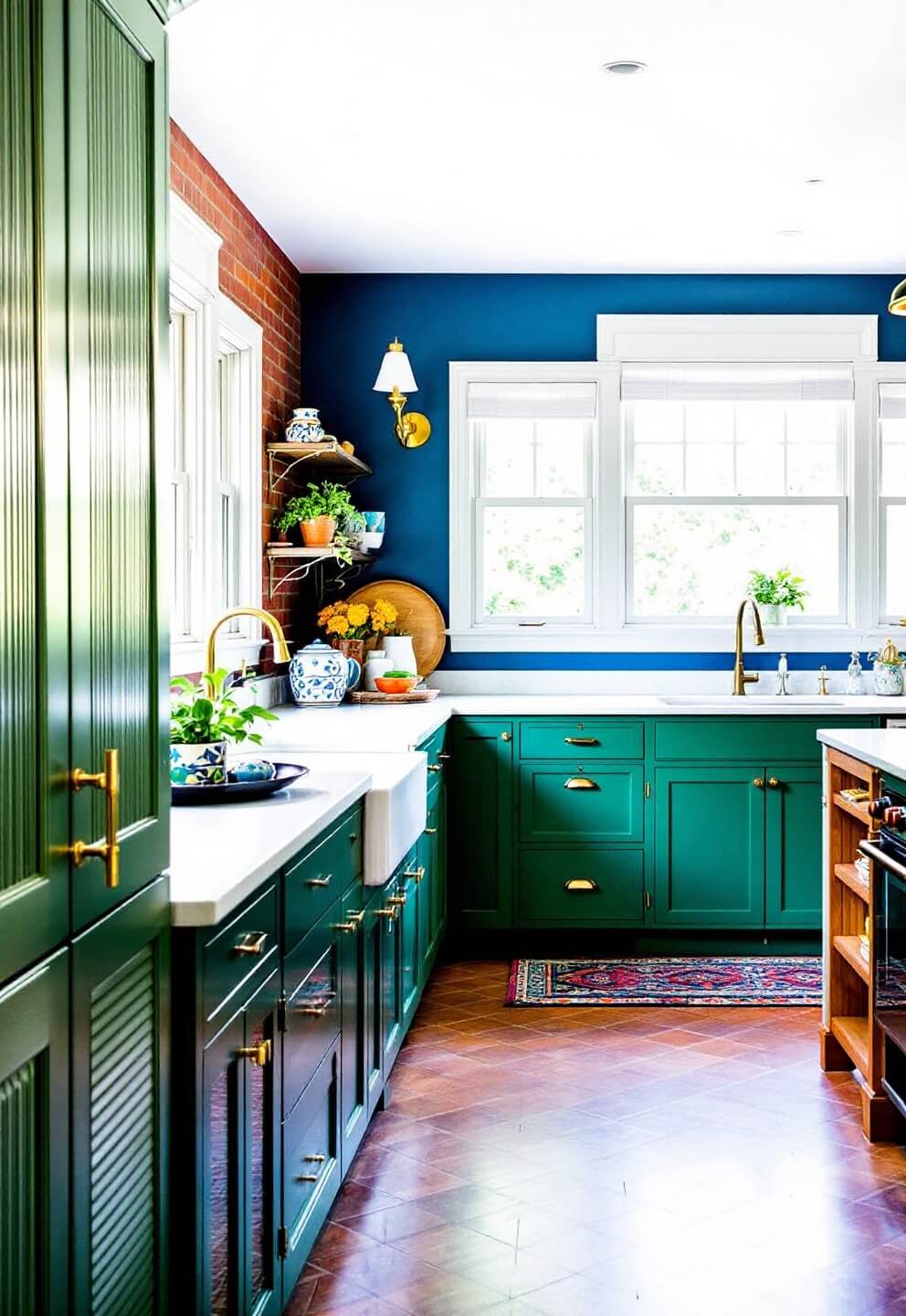 14x16ft color-forward kitchen with emerald green cabinets, sapphire blue accent wall, terracotta geometric floor tiles, white quartz countertops, brass hardware, and sage green pantry doors with fluted glass, styled with colorful ceramics and copper accessories.