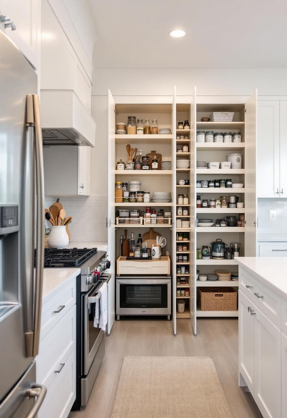 Spacious, storage-focused kitchen with sophisticated floor-to-ceiling organization systems, concealed pantry, custom appliance garage, and pull-out spice racks showcased in soft afternoon light from a bird's-eye view.