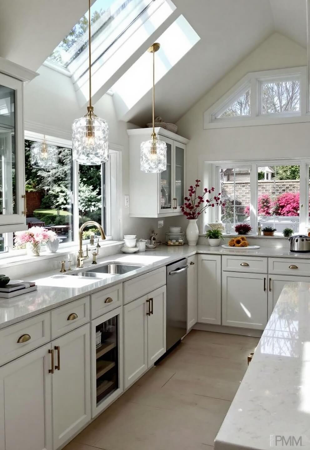 Spacious and light-filled kitchen with vaulted ceilings, multiple skylights, white cabinets with glass fronts, oversized windows with a garden view, quartz surfaces, crystal pendant lights, and mirror-finish accessories.