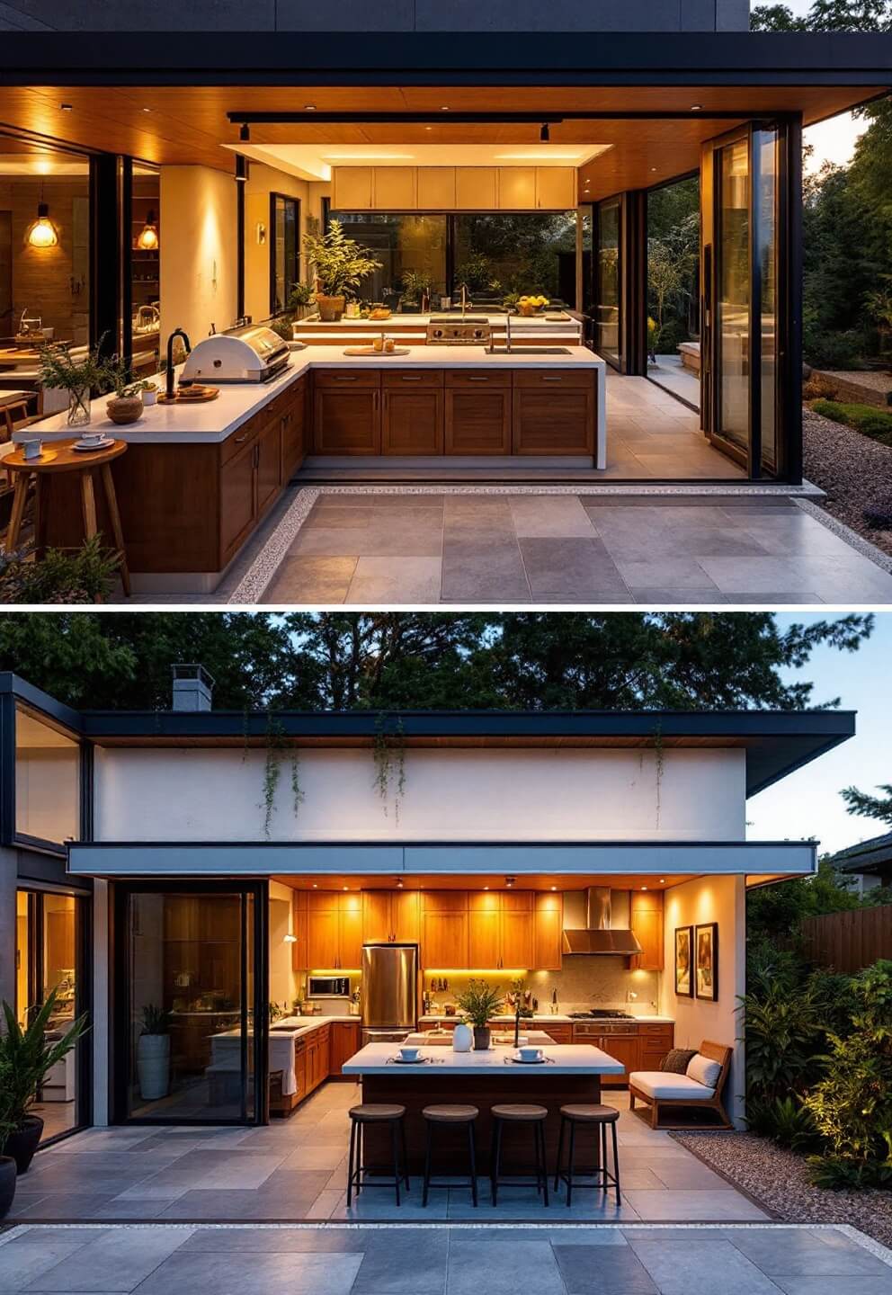 Aerial view of a seamless indoor-outdoor kitchen with golden hour lighting streaming in, featuring continuous countertops, weather-resistant teak cabinetry, matching porcelain tiles, an outdoor pizza oven and grill, styled with potted herbs and outdoor-safe tableware.