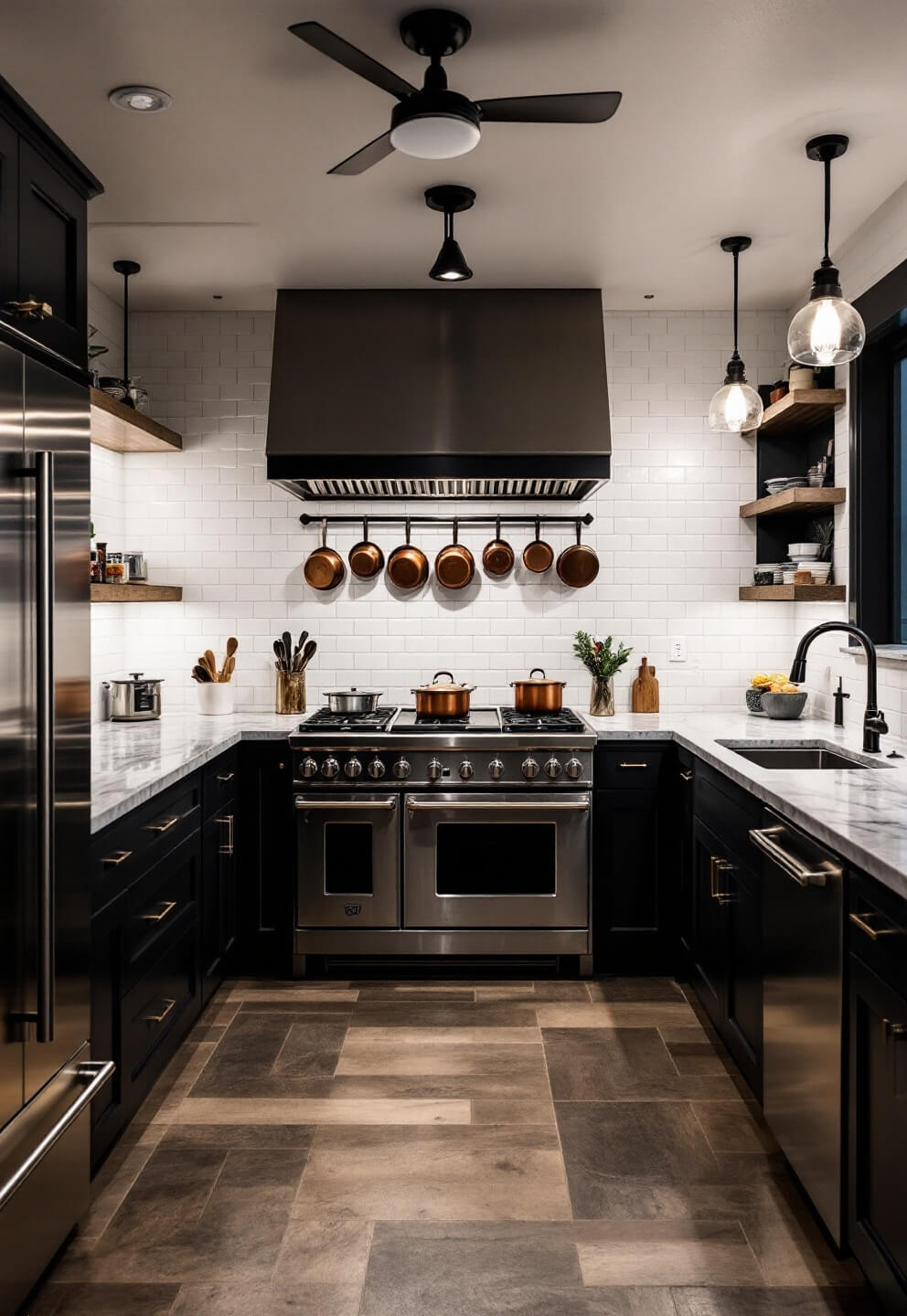 Professional-grade kitchen with stainless steel appliances, marble-topped island, commercial-grade range, and copper cookware under evening lighting from a chef's perspective behind the range.