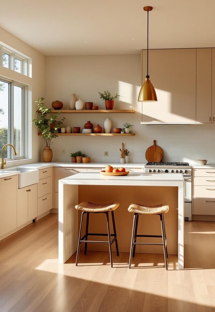 "Beige modern kitchen with white quartz waterfall island, brass pendant lights, white subway tile backsplash, and white oak floors caught at golden hour with natural light streaming through large windows"
