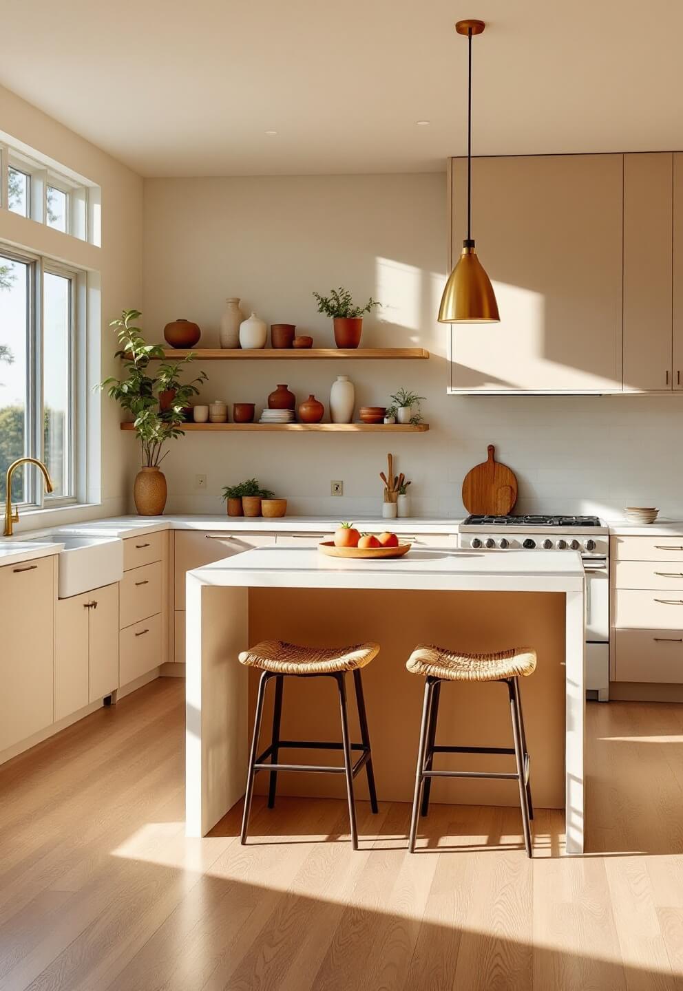 Beige modern kitchen with white quartz waterfall island, brass pendant lights, white subway tile backsplash, and white oak floors caught at golden hour with natural light streaming through large windows