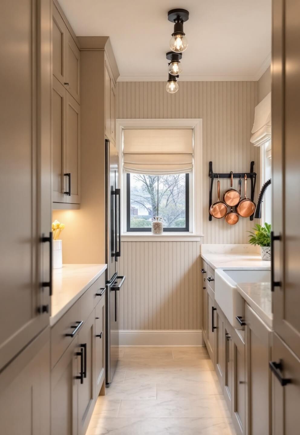 Early morning light illuminating a narrow galley kitchen with beige floor-to-ceiling cabinets, cream ceramic tiles, marble countertops, and copper cookware on a wall-mounted rack.