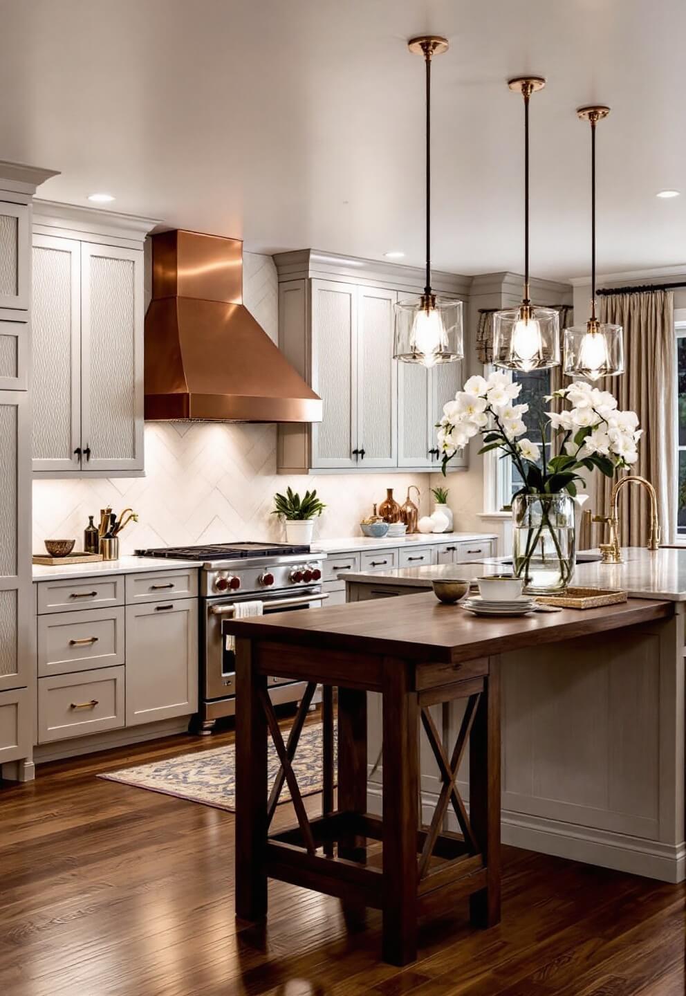 Dusk view of transitional L-shaped kitchen showing greige cabinets, walnut island, copper range hood, herringbone marble backsplash, crystal pendants and layered lighting scheme