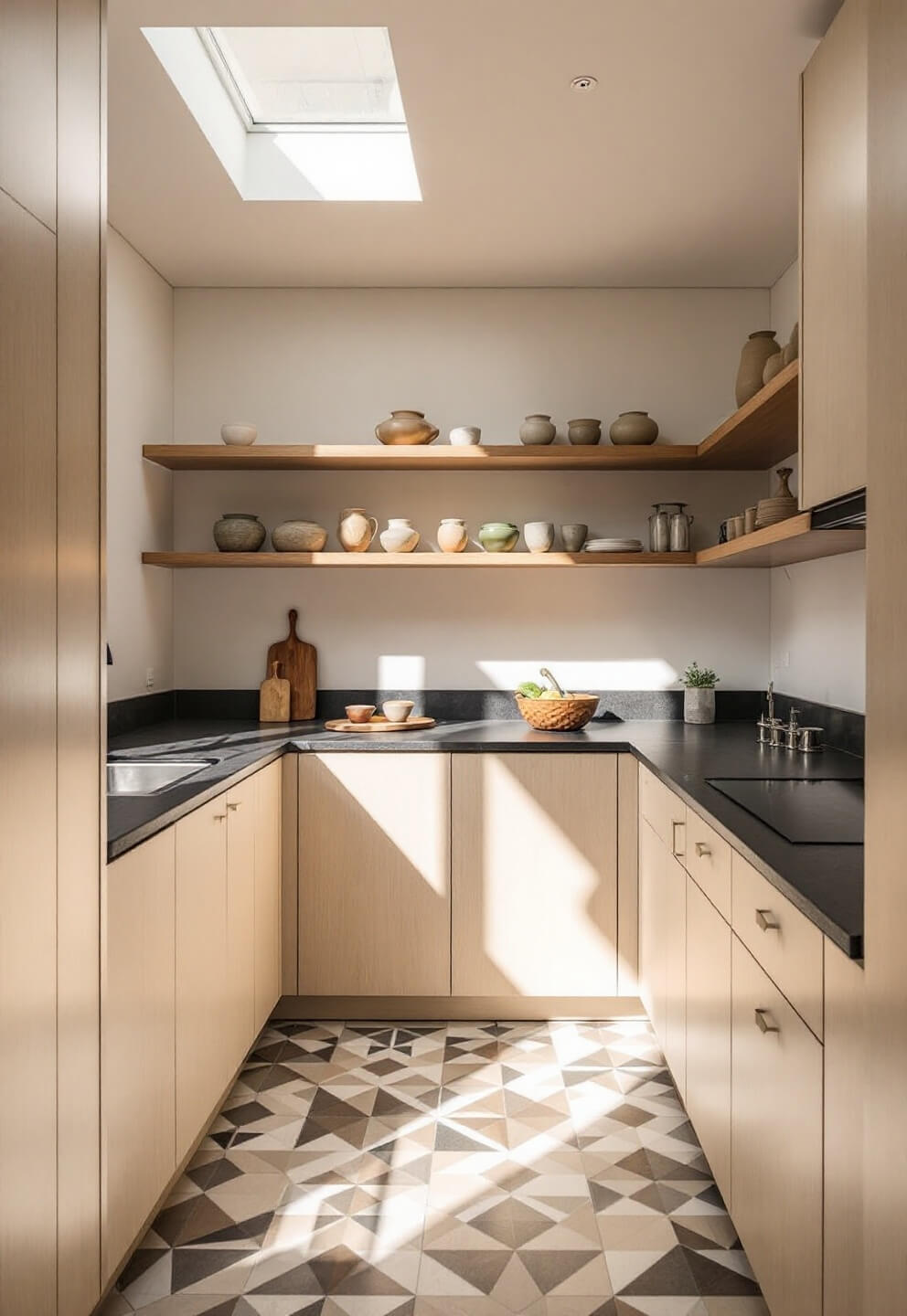 Spacious corner kitchen with beige cabinets, black granite countertops, and geometric tile floor, highlighted by mid-morning skylight casting dramatic shadows, and minimalist decor emphasizing material contrasts.