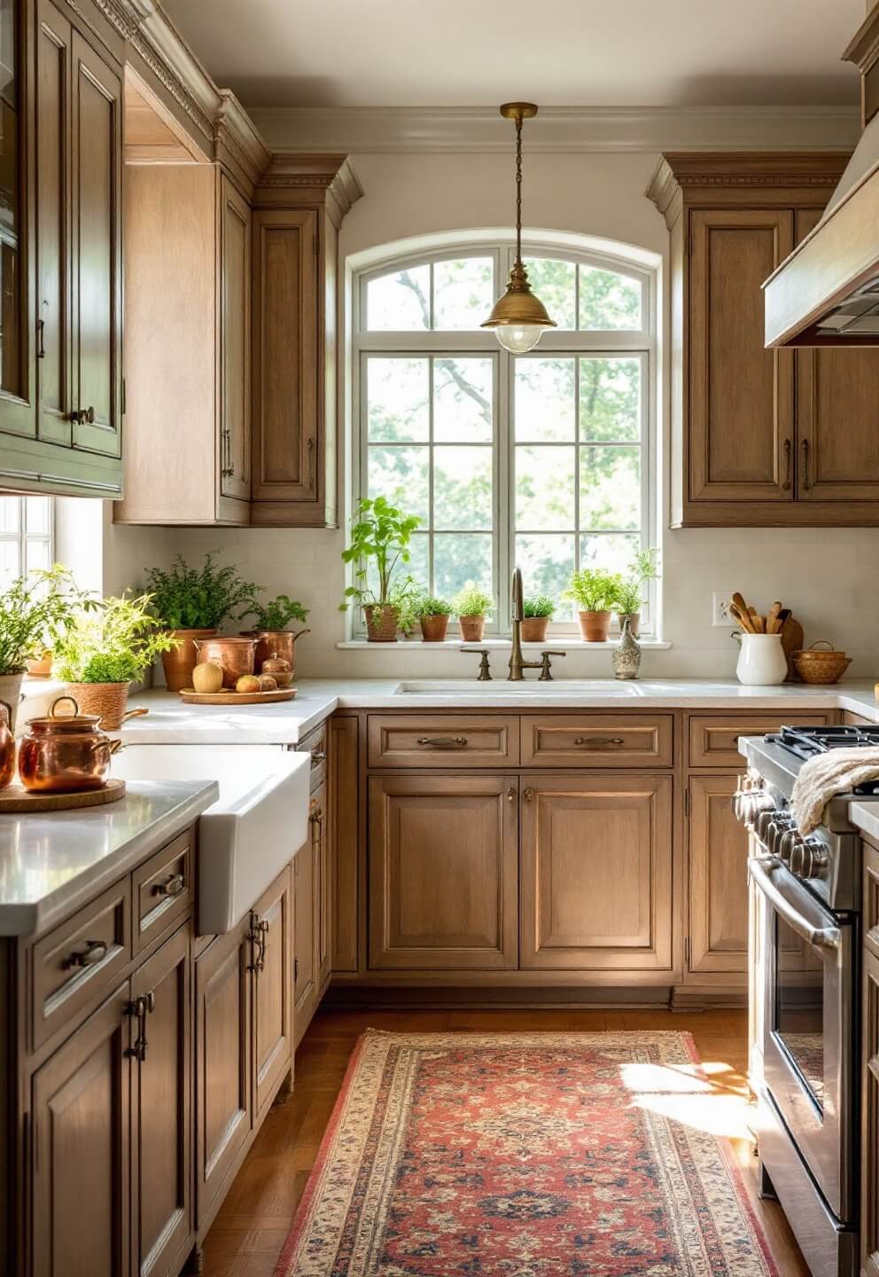 French Country-style kitchen with antiqued hickory cabinets, limestone counters, copper pots, and an herbal window garden, bathed in soft morning light