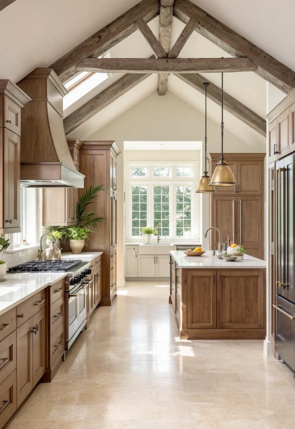 Spacious open concept kitchen with cathedral ceiling and rough-hewn beams, bathed in late afternoon light from the clerestory windows. Warm beige cabinets and creamy limestone counters with oversized bronze lanterns over a large island. Handmade ceramic tile backsplash, greenery, and collected objects decorating the space, captured from the family room entrance in balanced lighting.