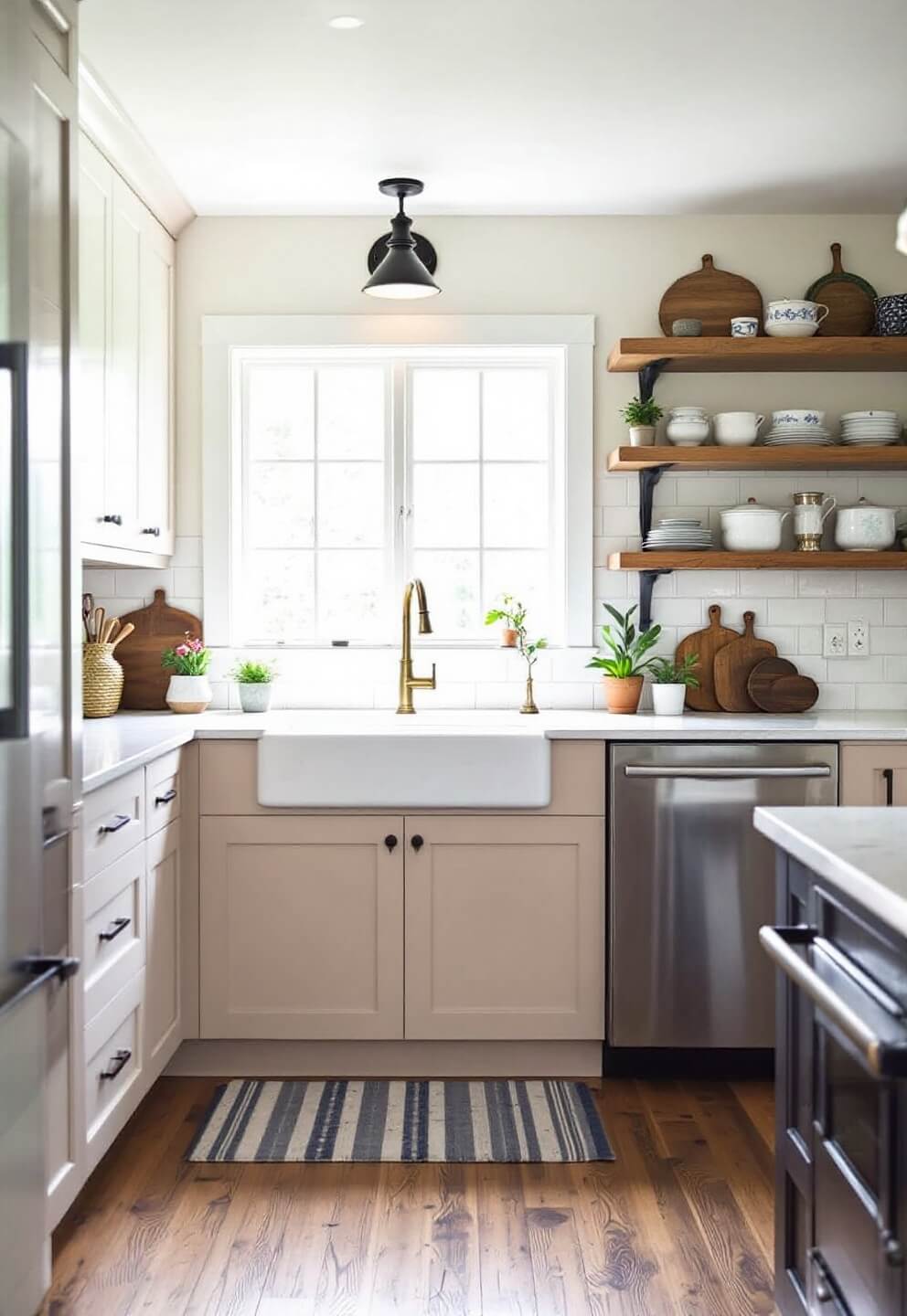 Spacious farmhouse kitchen with two-tone beige and white cabinetry, soapstone counters, apron sink, mixed metal finishes, wide plank oak floors, vintage sconces lighting and a selection of antique cutting boards and earthenware under soft morning light.