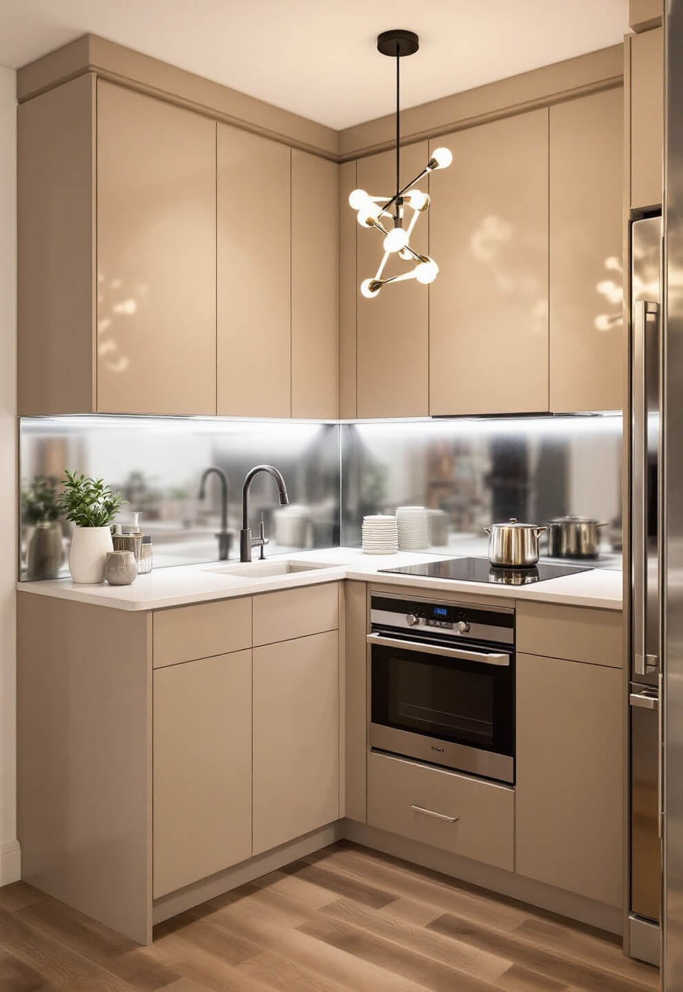 Sleek U-shaped compact kitchen with beige glossy upper cabinets and matte lower cabinets, mirrored backsplash, white quartz countertops, and abstract pendant light; designed with minimalistic metallic accessories.