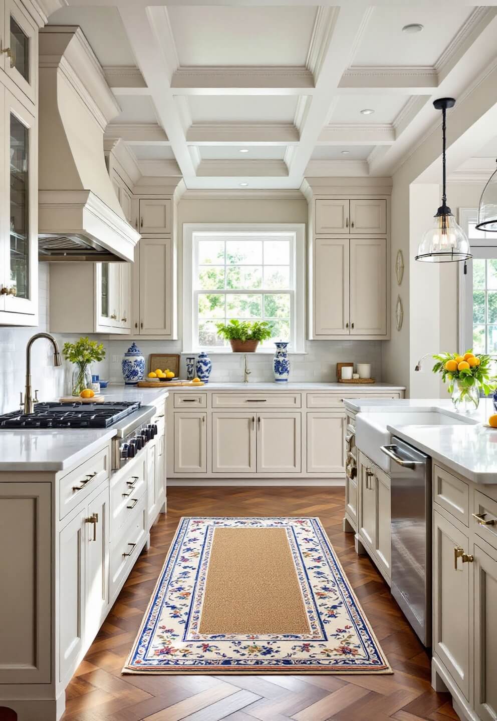 Classic kitchen featuring beige raised-panel cabinets, coffered ceiling, Calacatta marble counters, polished nickel hardware, with natural light streaming through garden windows, shot from the perspective of the island.