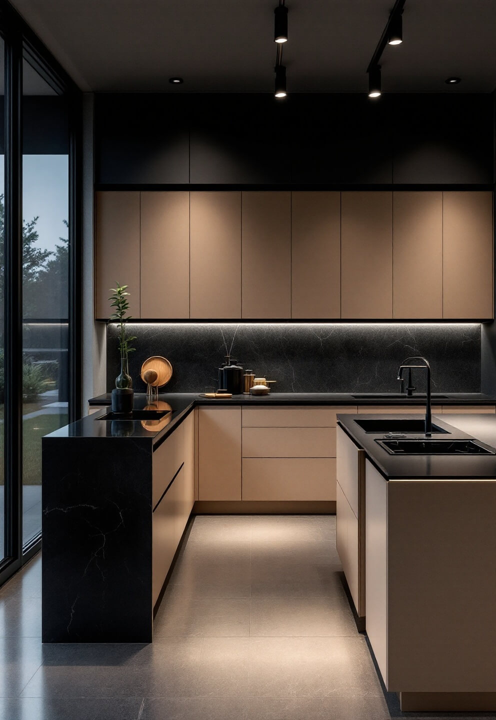 Contemporary kitchen with handle-less beige cabinets, black granite island, porcelain tile floors, dramatic black accents and accent lighting, seen from an elevated angle capturing spatial flow in a twilight atmosphere.