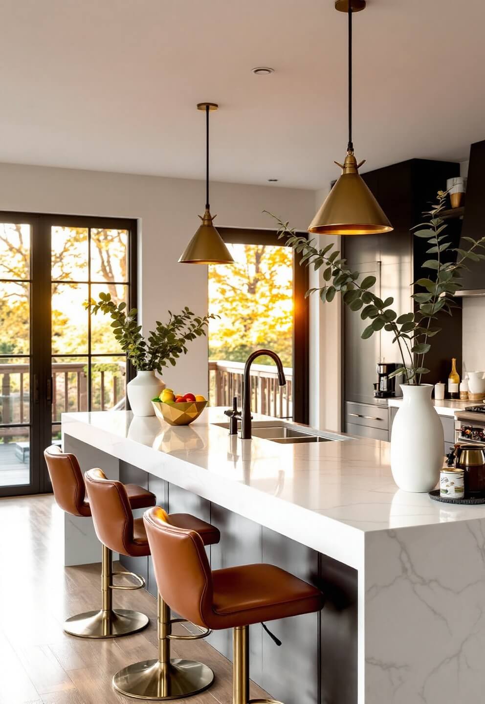 Modern kitchen with cream quartz island, brass pendant lights, and leather barstools at golden hour, styled with brass fruit bowl, ceramic vase with eucalyptus, and coffee station.