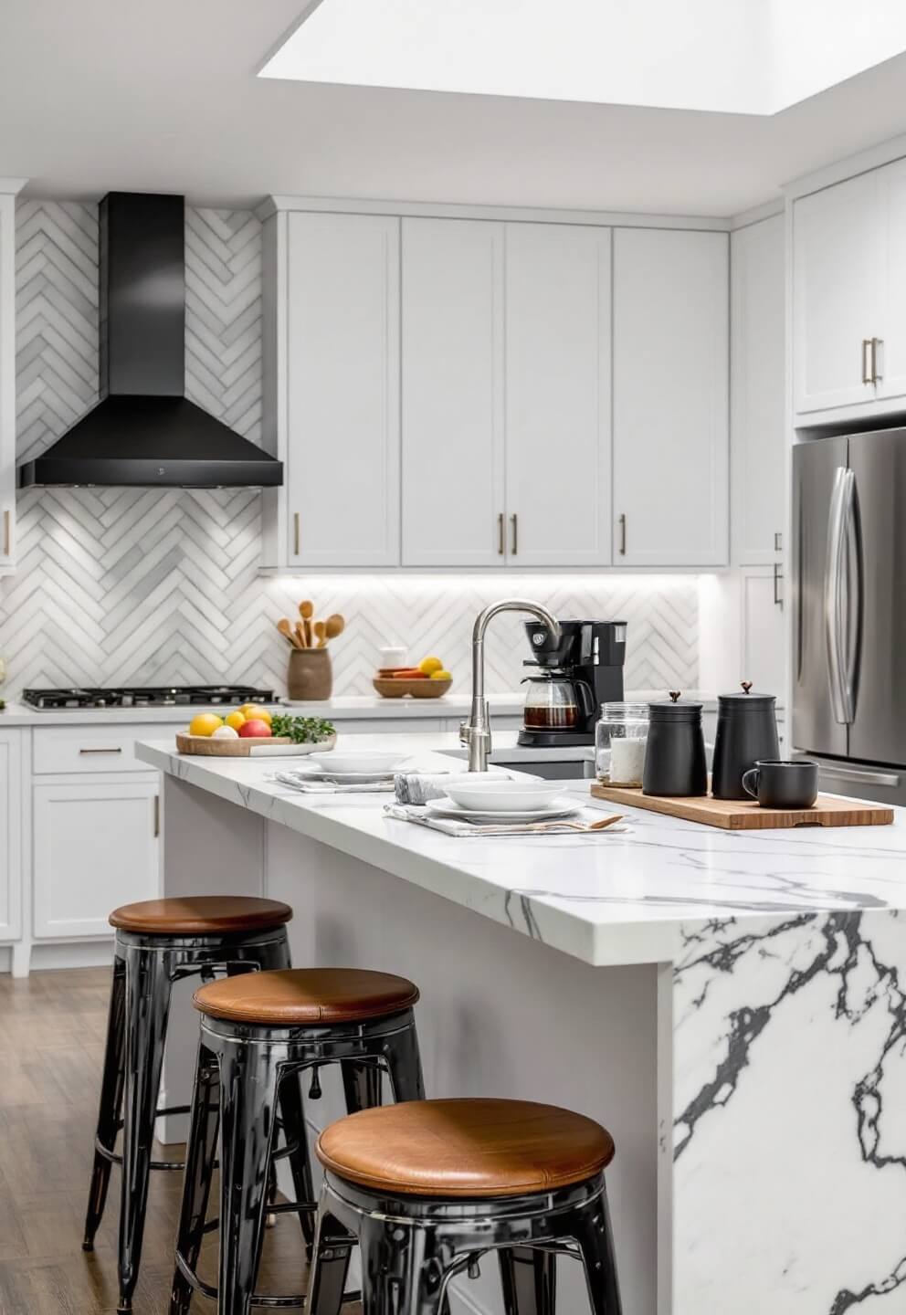 Bright morning kitchen scene featuring 10-foot Caesarstone counter bar, herringbone backsplash, under-cabinet LED lighting, industrial-style stools, and organized coffee station with copper accents under a skylight