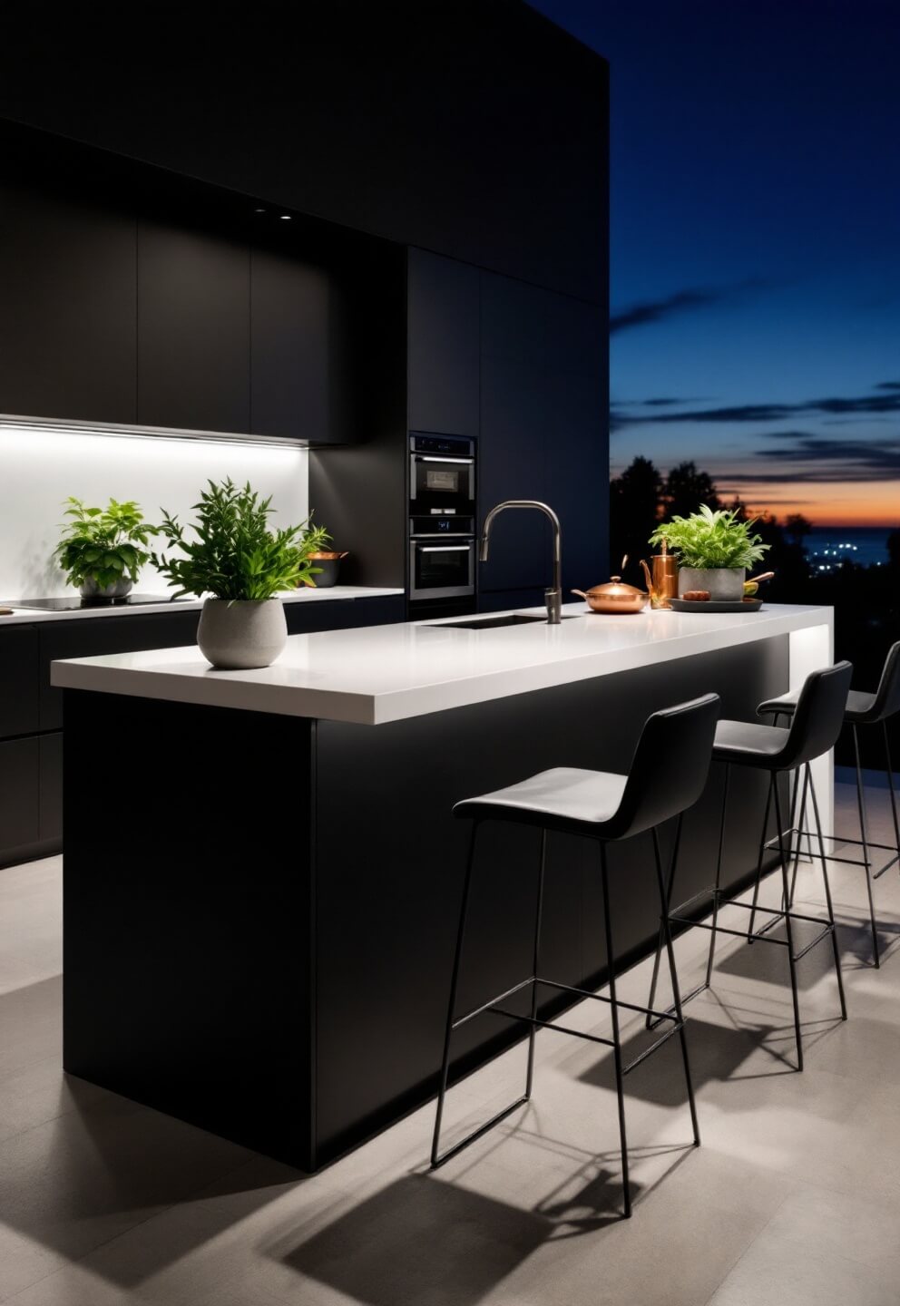 Minimalist kitchen bar with under-cabinet lighting, white quartz counter, matte black cabinets, four steel barstools, and a curated display of copper cookware and herbs in concrete planters at twilight.