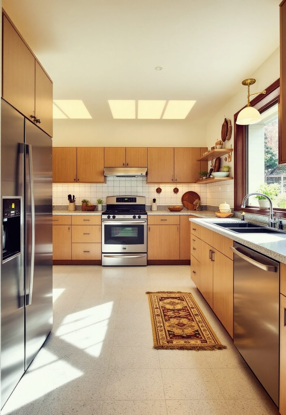 Mid-century modern kitchen with hickory cabinets, terrazzo counters, walnut accents and vintage lighting fixtures, bathed in afternoon sunlight.