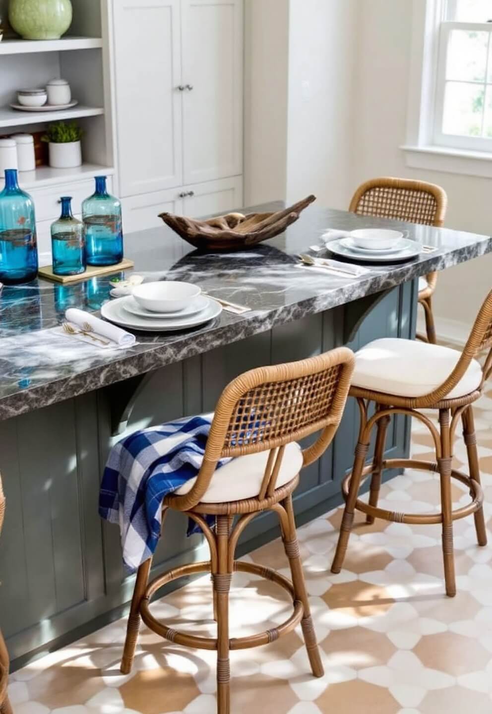 Above shot of a sunlit breakfast bar with charcoal honed granite, three rattan barstools with ivory cushions, styled with blue glass vases, driftwood bowl, white ceramic canisters on a geometric tile floor