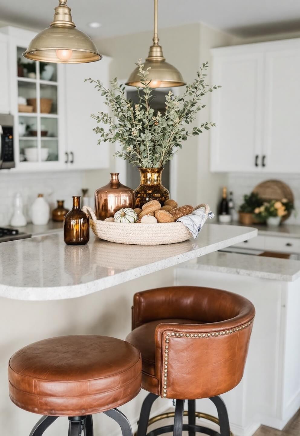 Antiqued brass pendant lights over warm-toned quartz countertop with rich leather stools in a cozy autumn-inspired kitchen, styled with copper vessels, amber glass accessories, and woven bread basket.