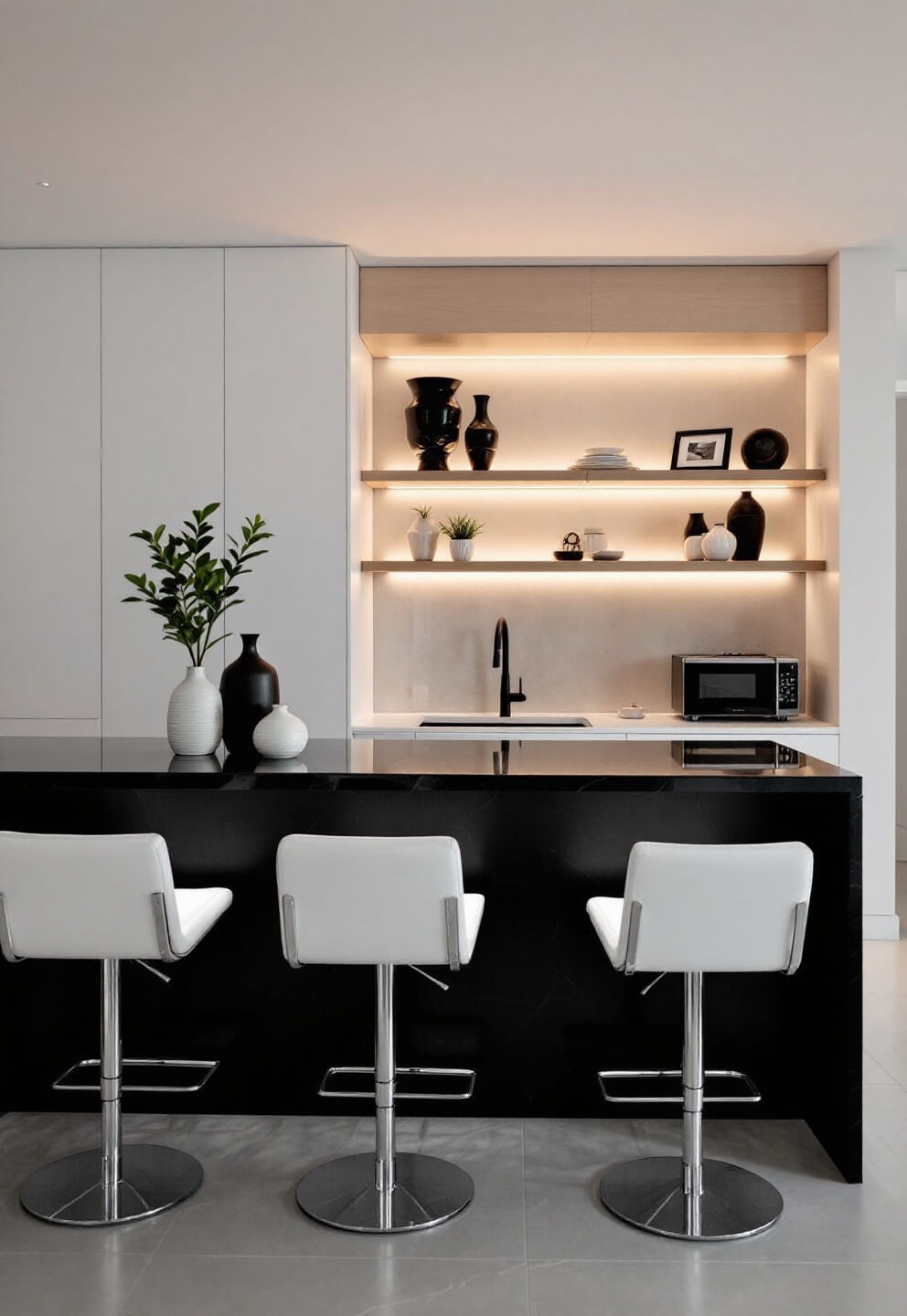 Contemporary kitchen bar at dusk with ambient LED lighting, black granite waterfall edge, and four chrome barstools, featuring pull-out storage and floating shelves with minimalistic black and white geometric decor and fresh greenery