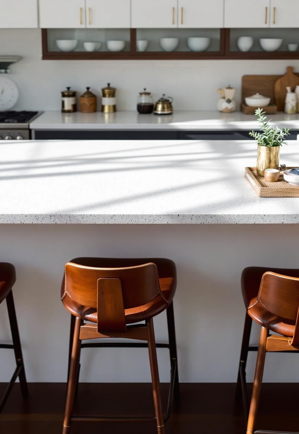 High angle shot of a mid-century inspired kitchen bar with terrazzo patterned quartz, three walnut and leather barstools, organized coffee station with brass canisters and vintage scale, styled with geometric pottery and a cookbook stand in afternoon light.