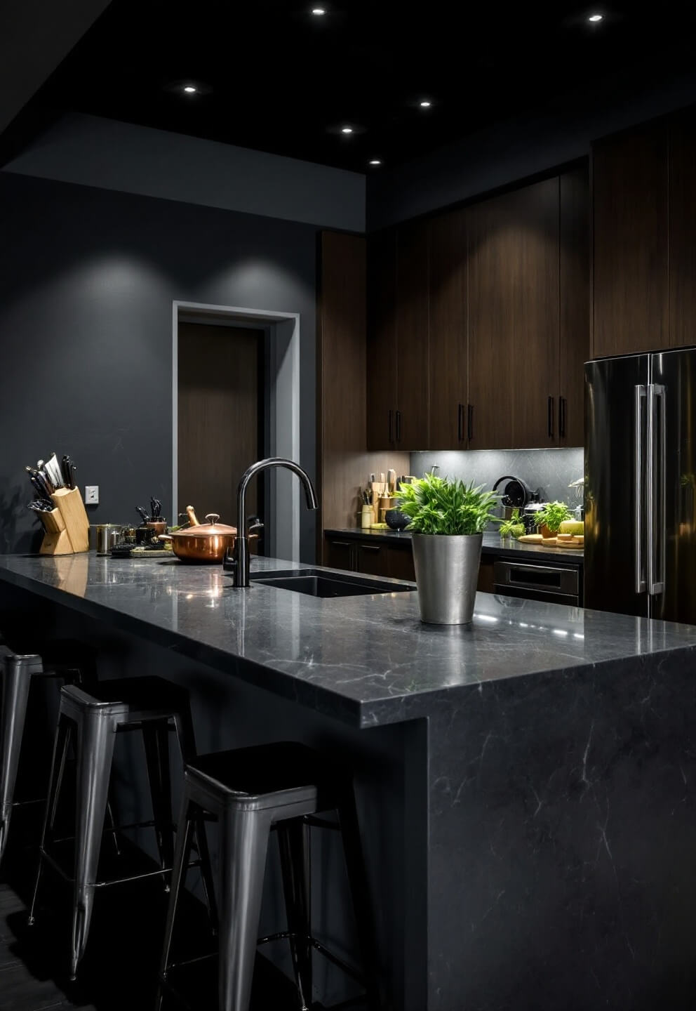 Professional kitchen bar at night with overhead lighting, dark granite surface, four metal stools, integrated tech, storage solutions, copper cookware, knife block, and herb garden in metallic planters.