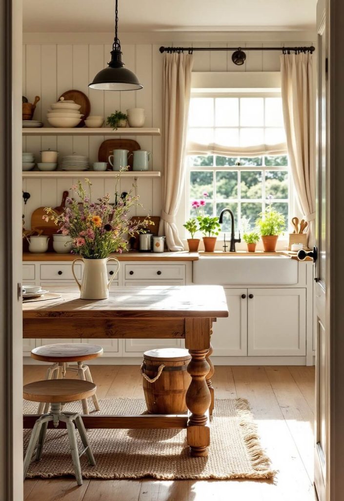 "Country kitchen with pine floors, white beadboard walls, farmhouse table under iron pendant lights, open shelving with vintage enamelware, sunlight through linen curtains and herb pots on windowsill."