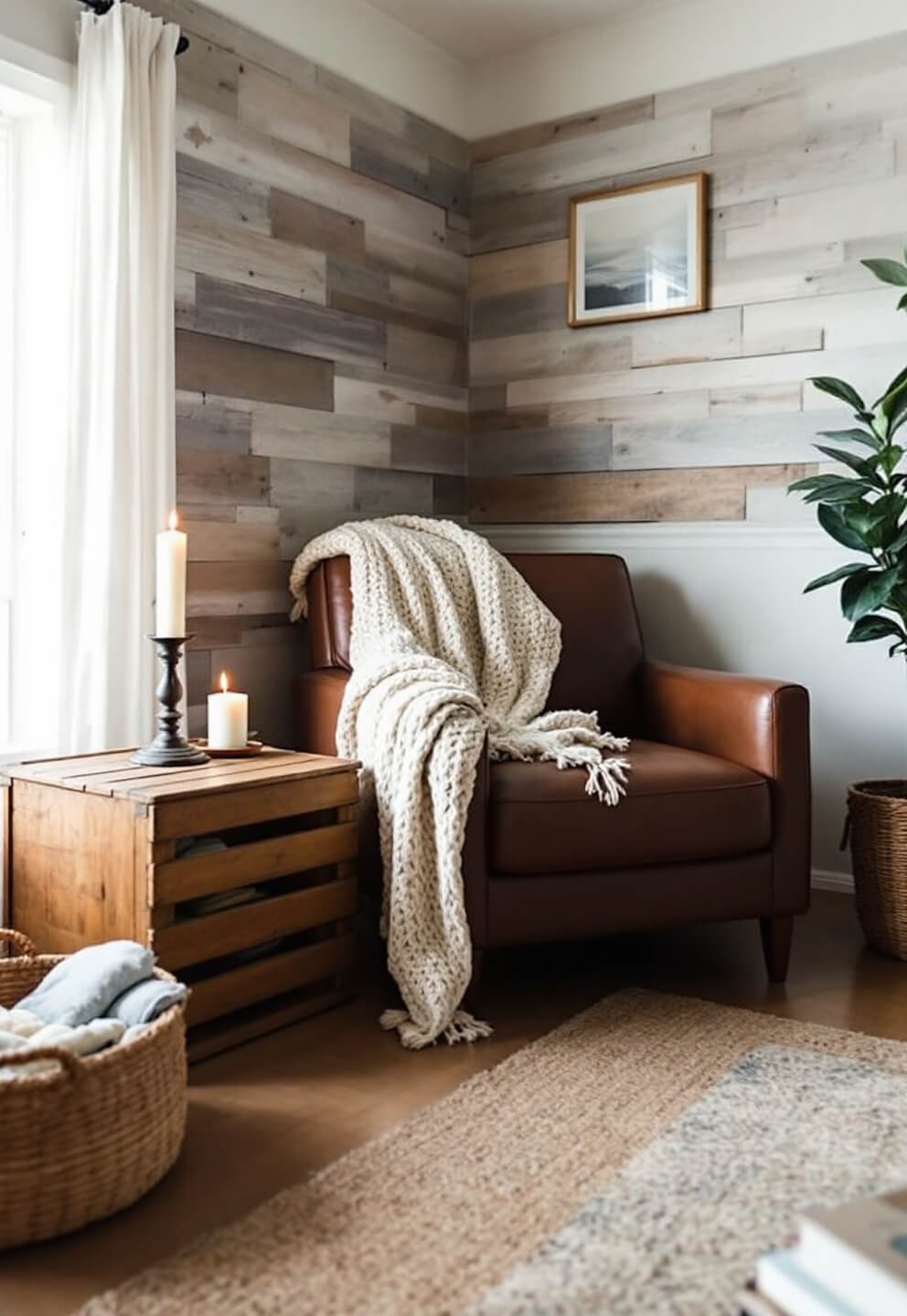 Cozy living room corner with barn wood accent wall, leather armchair, oatmeal knit throw, wooden crate side table with antique candle, and woven basket filled with quilts, bathed in soft late afternoon light filtering through sheer curtains, in warm earth tones and muted blues.