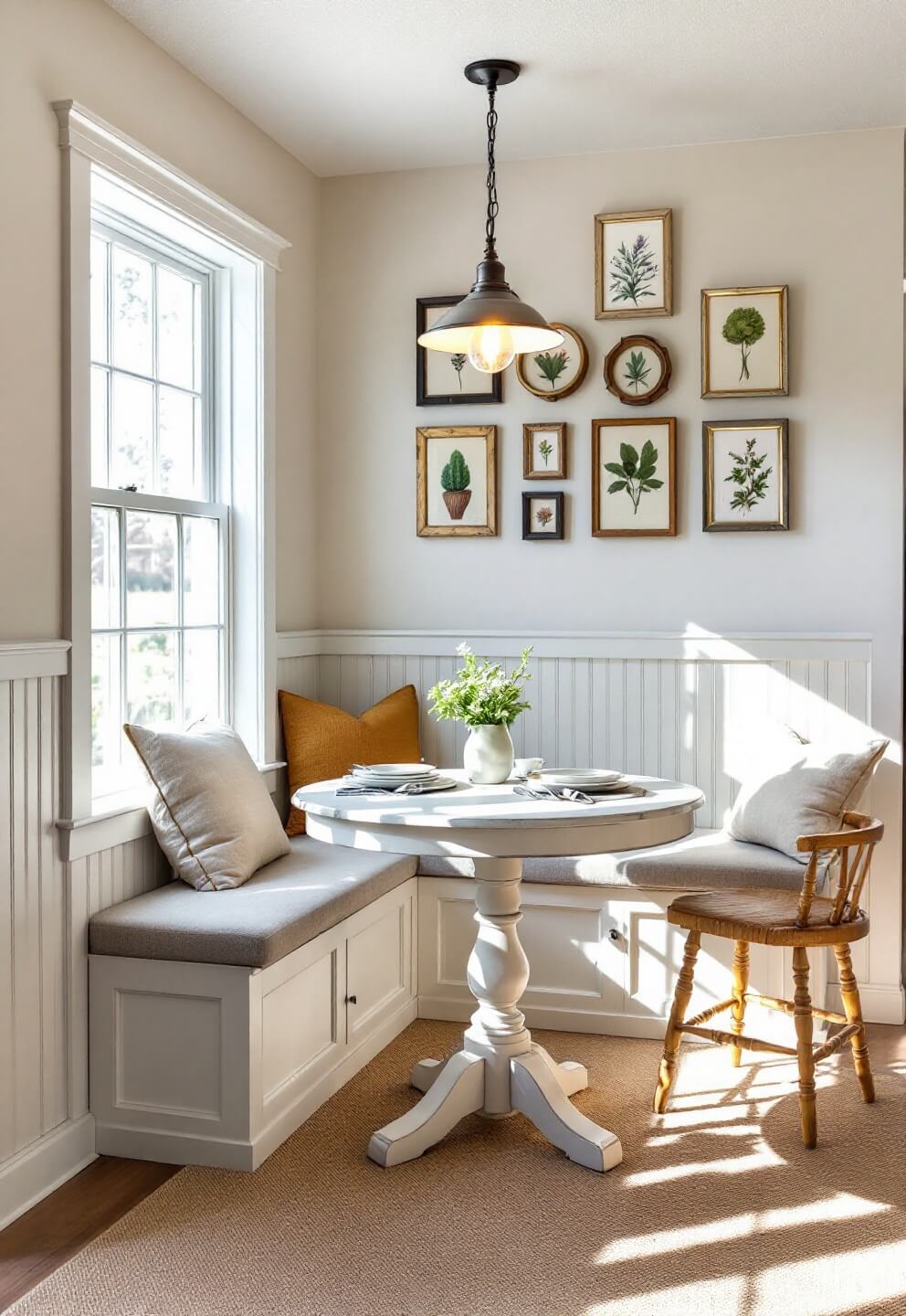 Morning-lit farmhouse dining nook with built-in window seat, round pedestal table, gallery wall of botanical prints, and industrial-style sconce in warm white and forest green palette