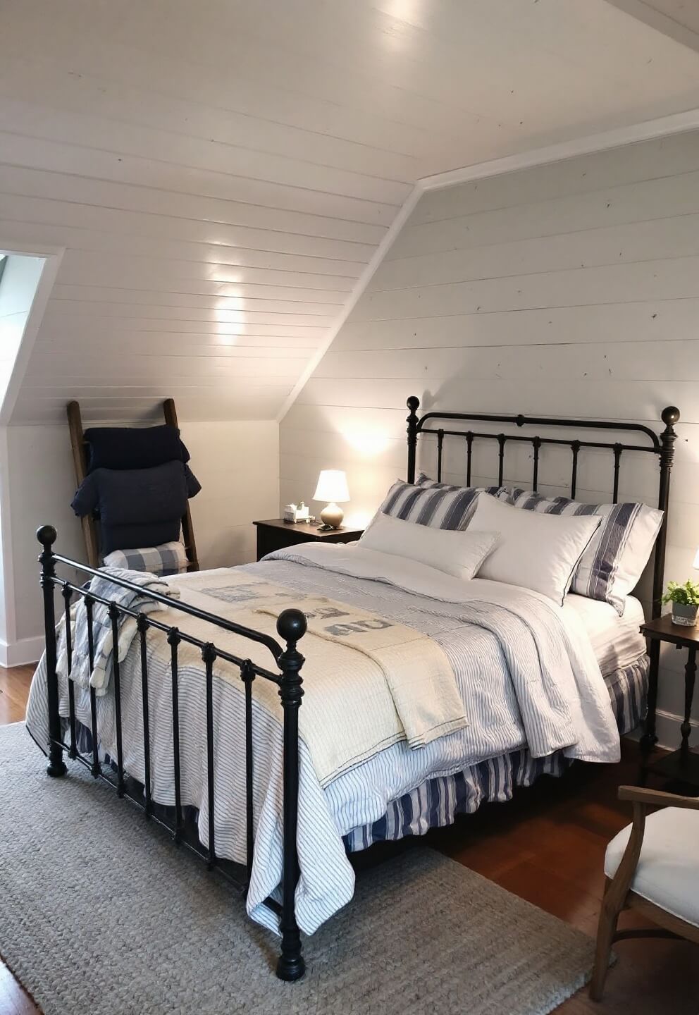 Rustic master bedroom at dusk with pale gray walls, whitewashed shiplap ceiling, an iron bed layered with vintage quilts, an antique ladder displaying blankets, under a glow from a bedside lamp.