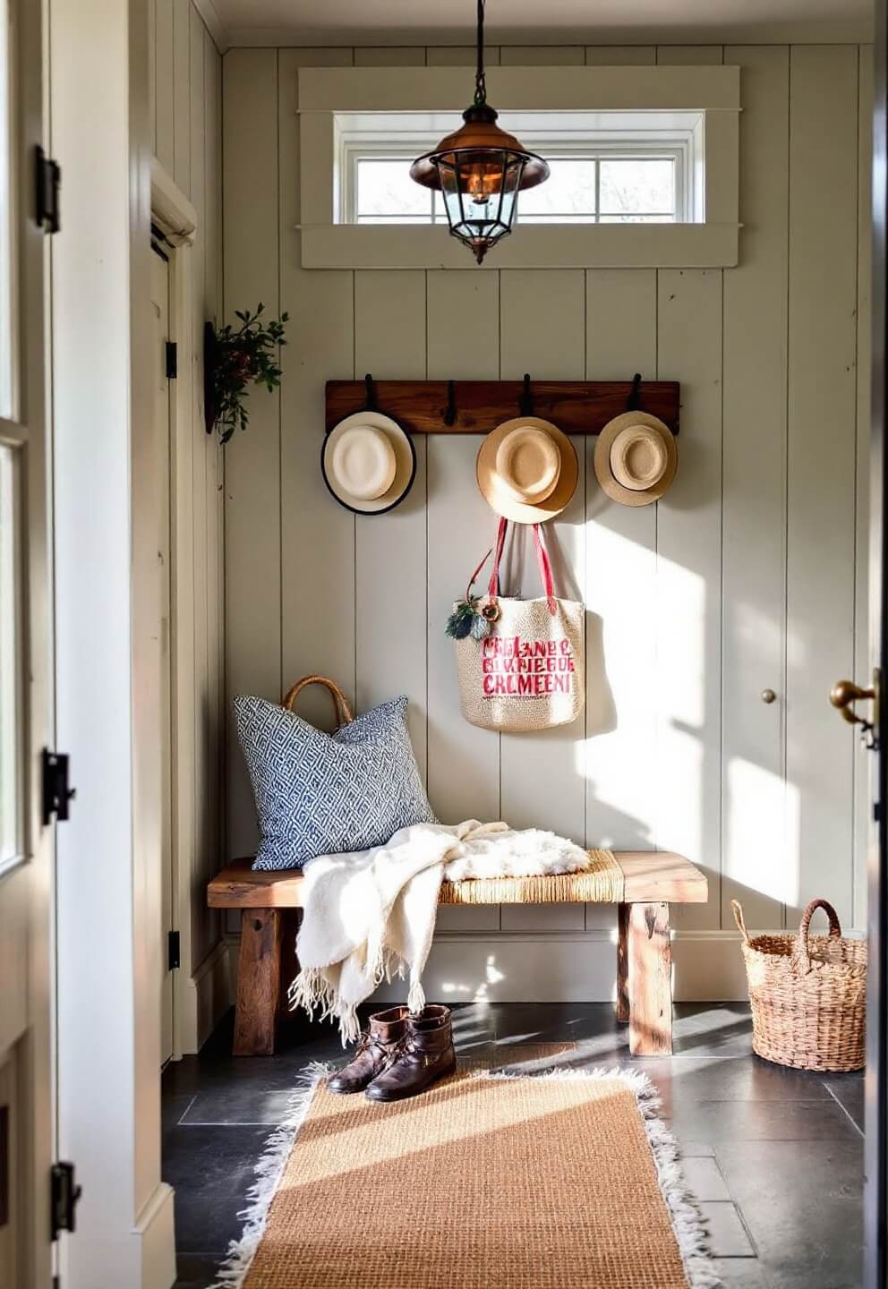 Rustic entryway with rough-hewn bench, vintage coat hooks, slate flooring, board and batten walls, and copper accents in morning light