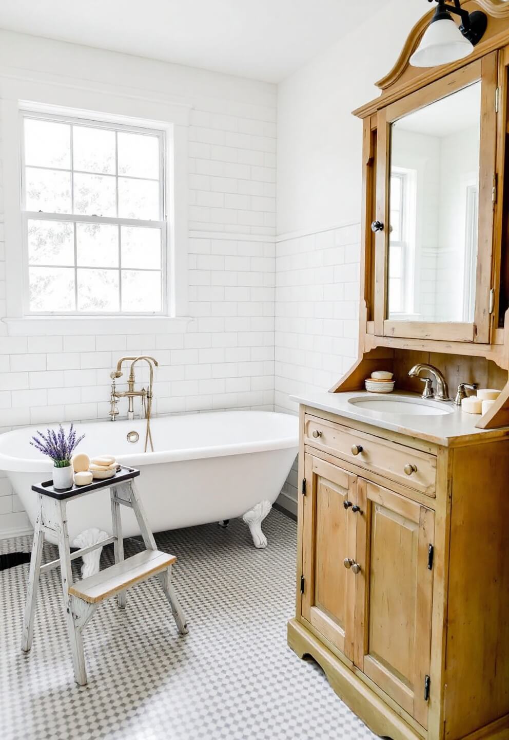 Country style bathroom with clawfoot tub, vintage step stool with lavender soap and natural sponges, salvaged wood medicine cabinet with antiqued mirror, and cement tile flooring in a subtle pattern, bathed in soft diffused light from a frosted window.