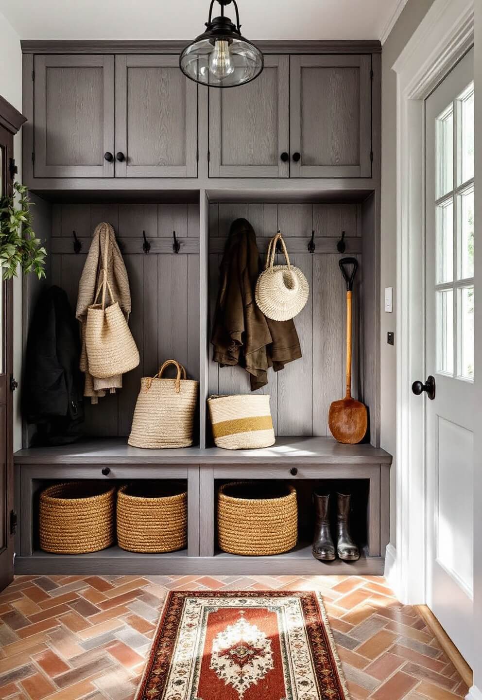 Sunlit, spacious 6x8 ft mudroom with custom storage lockers in weathered gray wood, herringbone brick flooring, vintage runner, and iron and glass pendant light. The room features terracotta, aged wood, and deep green accents with woven baskets containing garden tools and boots.