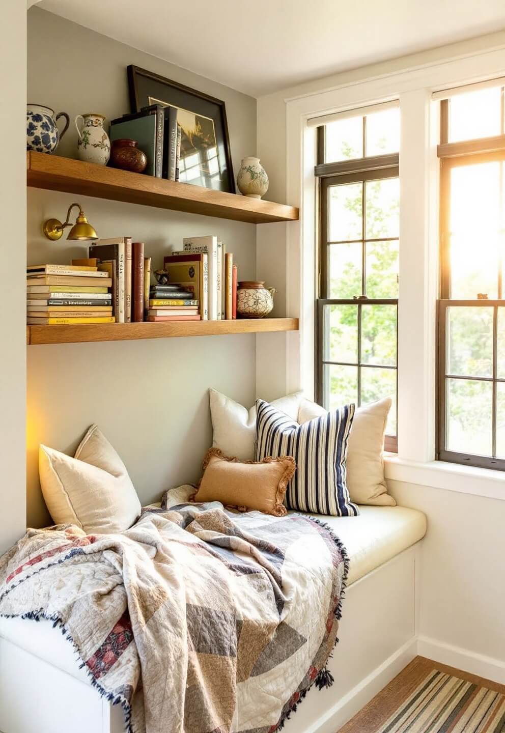 Cozy reading nook at sunset with antique furniture, vintage quilts, pottery-filled shelves, and brass sconce lighting, basking in a warm golden glow and showcasing a rich palette of browns, blues, and cream accents