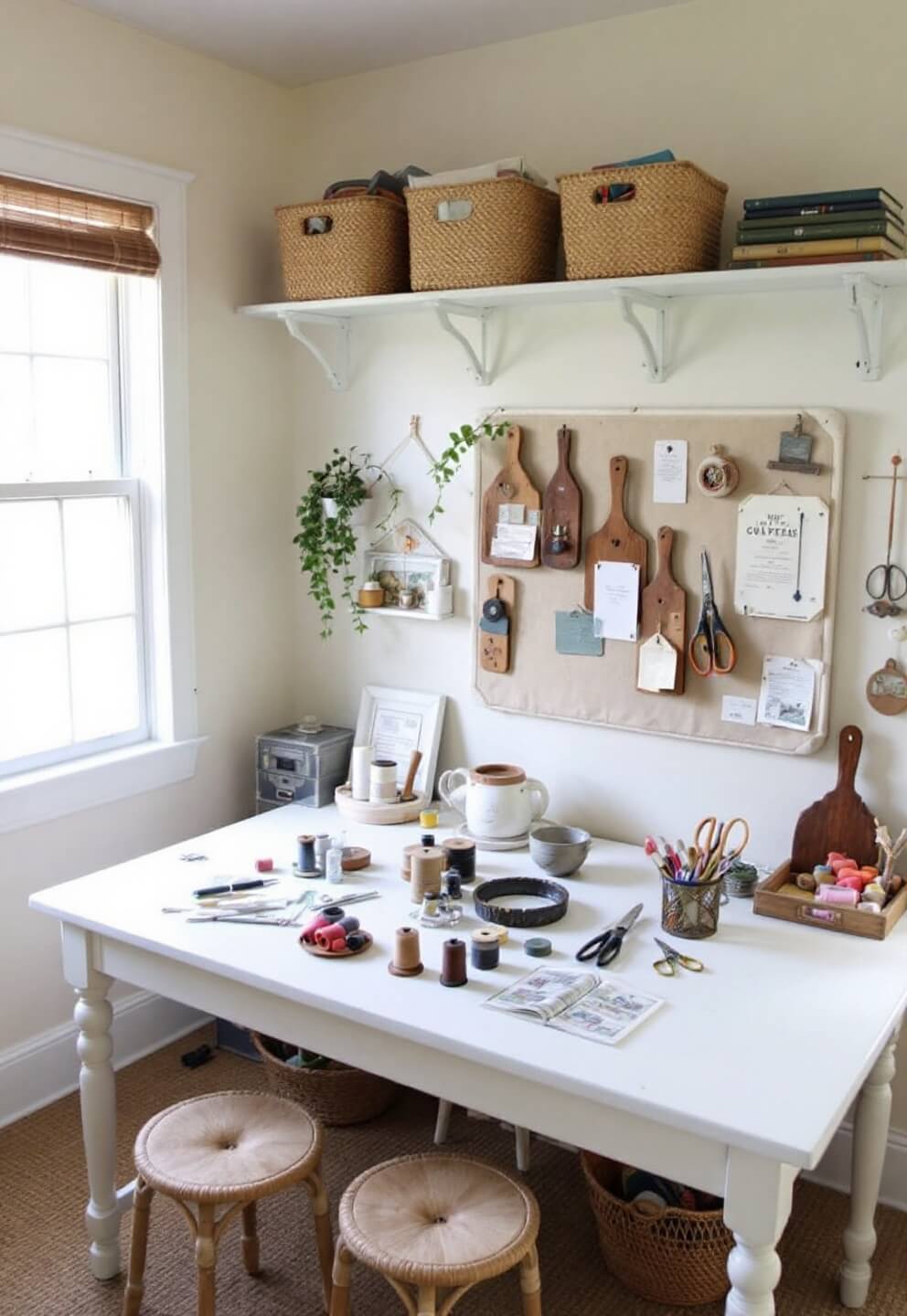 Aerial view of a bright and airy 12x14 ft craft room with farmhouse table workspace featuring vintage spools and scissors, open shelving with woven baskets for storage, and a linen pinboard filled with inspirational ephemera. Room illuminated by ample natural light from multiple windows, palette is mostly neutral with occasional faded colors.