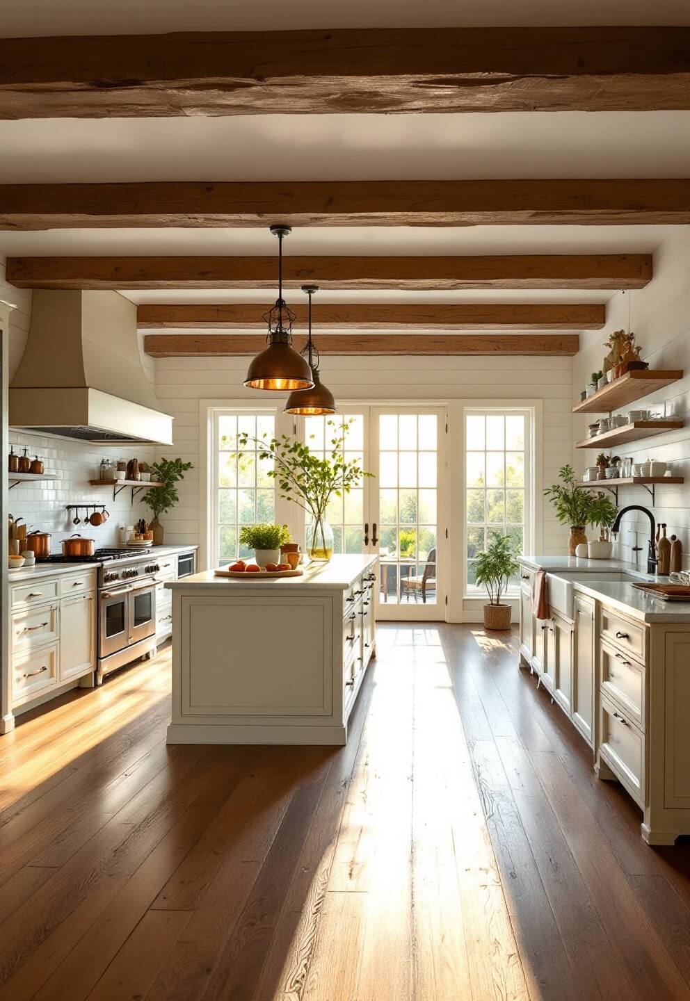 Morning sunlight illuminating spacious country kitchen with walnut flooring, cream-colored island topped with Calacatta marble, exposed wooden beams, and white shiplap walls adorned with vintage copper pots.