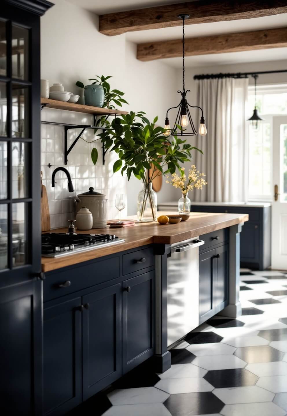 Late afternoon sun shining through linen curtains in a spacious kitchen with a black and white checkerboard limestone floor, navy blue cabinets, and weathered oak island under a wrought iron chandelier