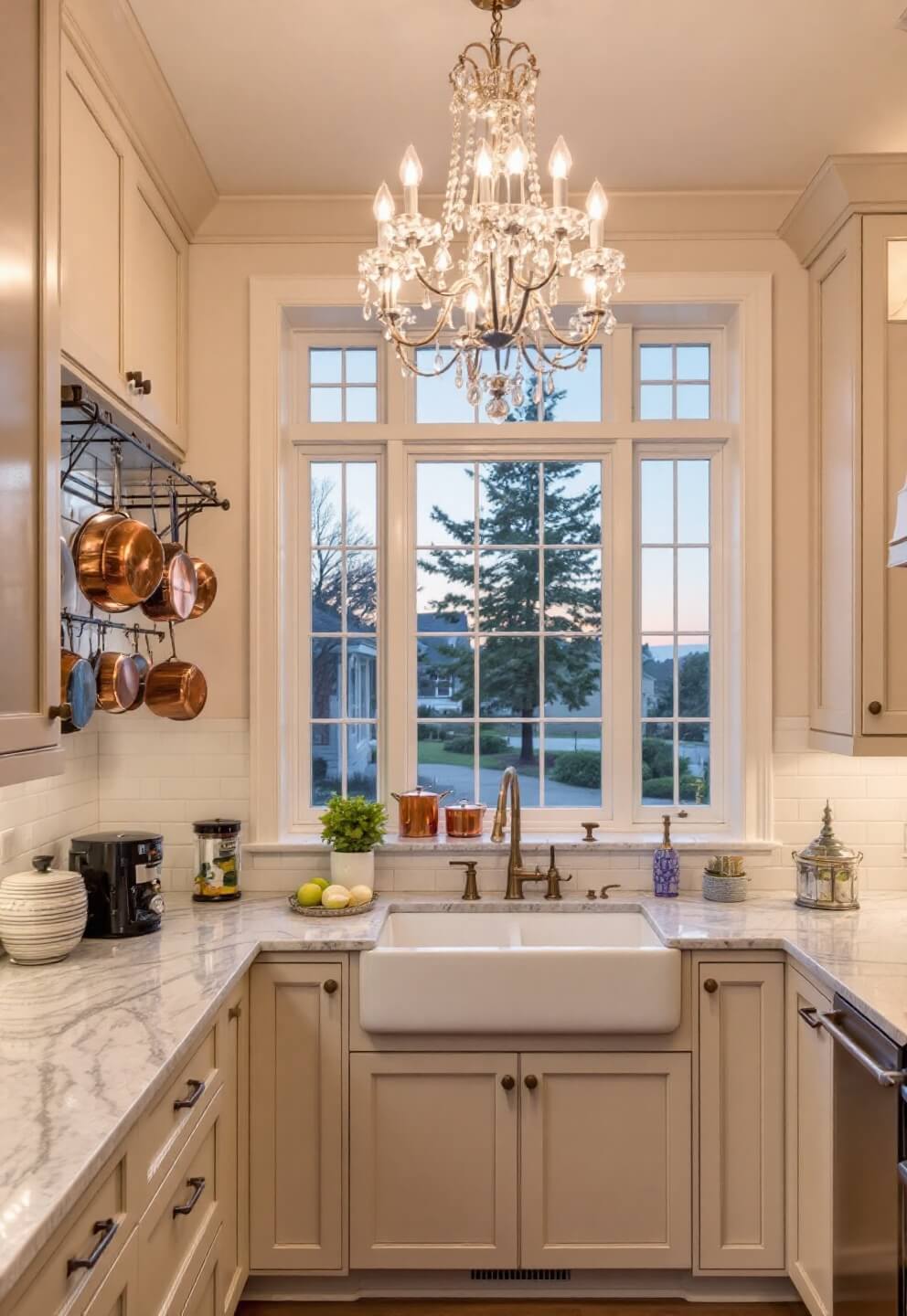 Grand 22x26ft kitchen illuminated by crystal chandelier, featuring cream and walnut color scheme, double farmhouse sink under window, and marble countertops against beadboard backsplash at dusk, taken from a 45-degree corner view.