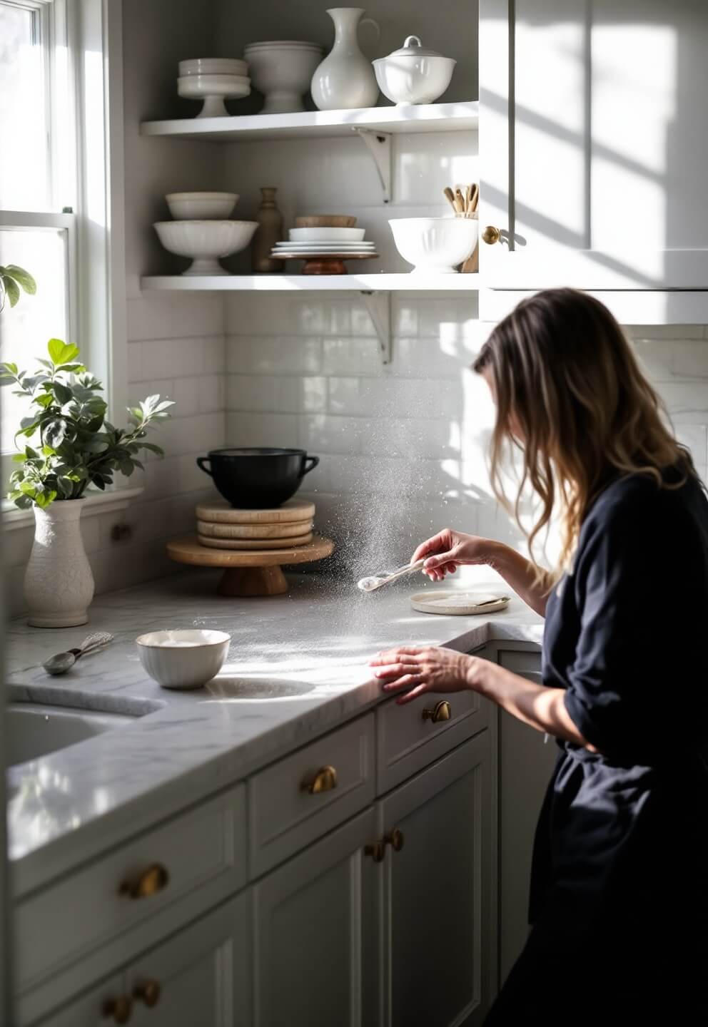 Sunlight illuminating a 16x20ft kitchen baking station with marble pastry surface, vintage mixing bowls on open shelving, white cabinets with brass hardware, shot from a slight above angle for surface detail