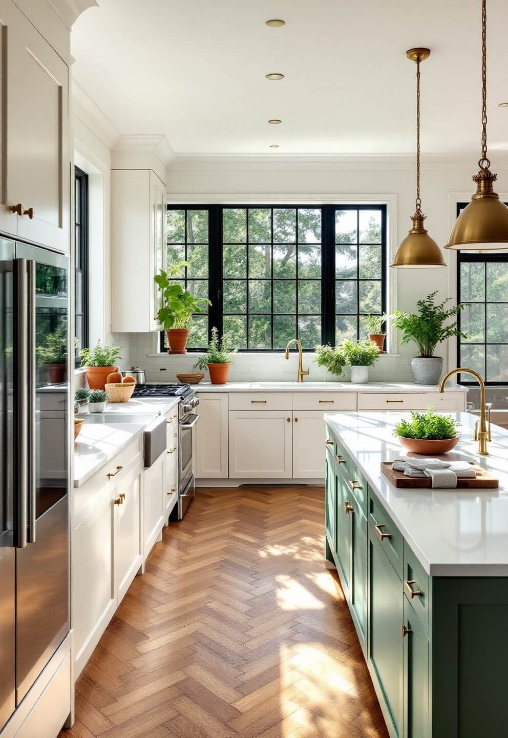 Bright, spacious 18x24ft kitchen with high windows, herringbone wood floors, a sage green island, cream cabinets, antique brass light fixtures, and windowsills adorned with terra cotta pots of fresh herbs.