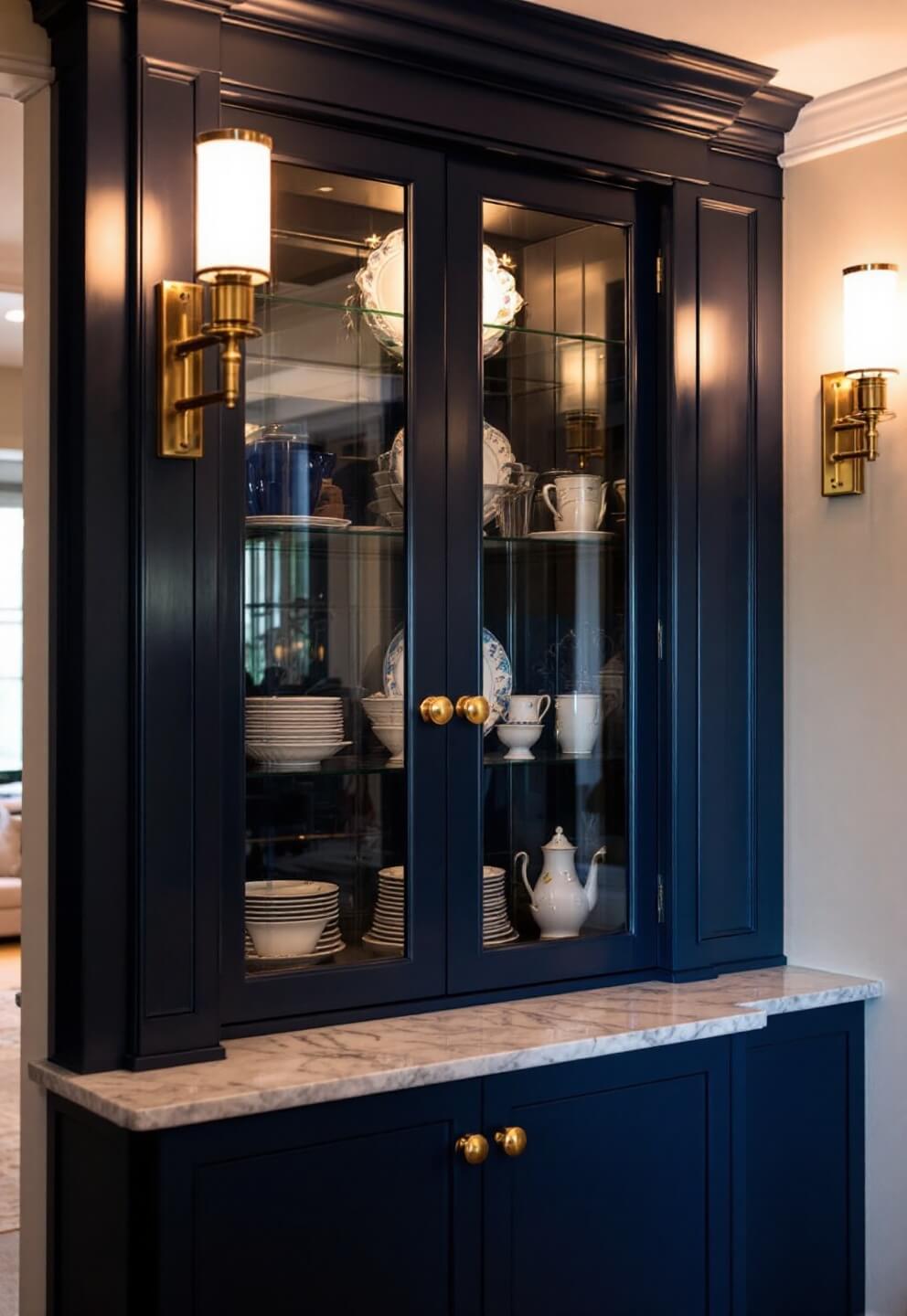 Custom corner cabinet with glass doors displaying fine china, under ambient lighting and navy paint, brass hardware and marble counter