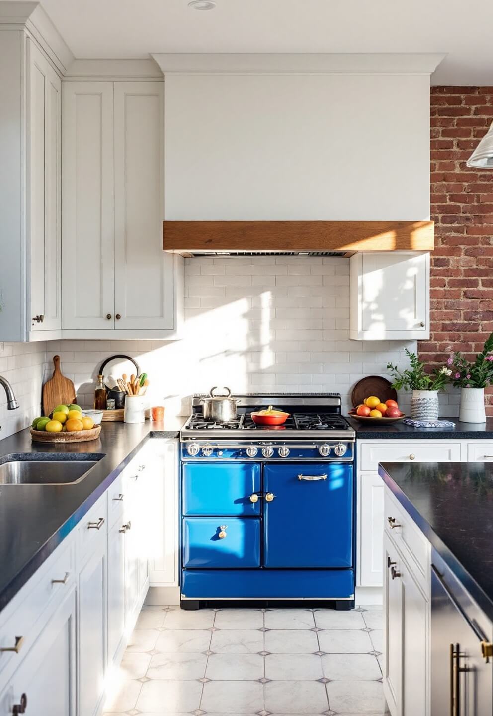 Vintage cobalt blue range in a white kitchen with contrasting black soapstone counters, illuminated by dawn light.