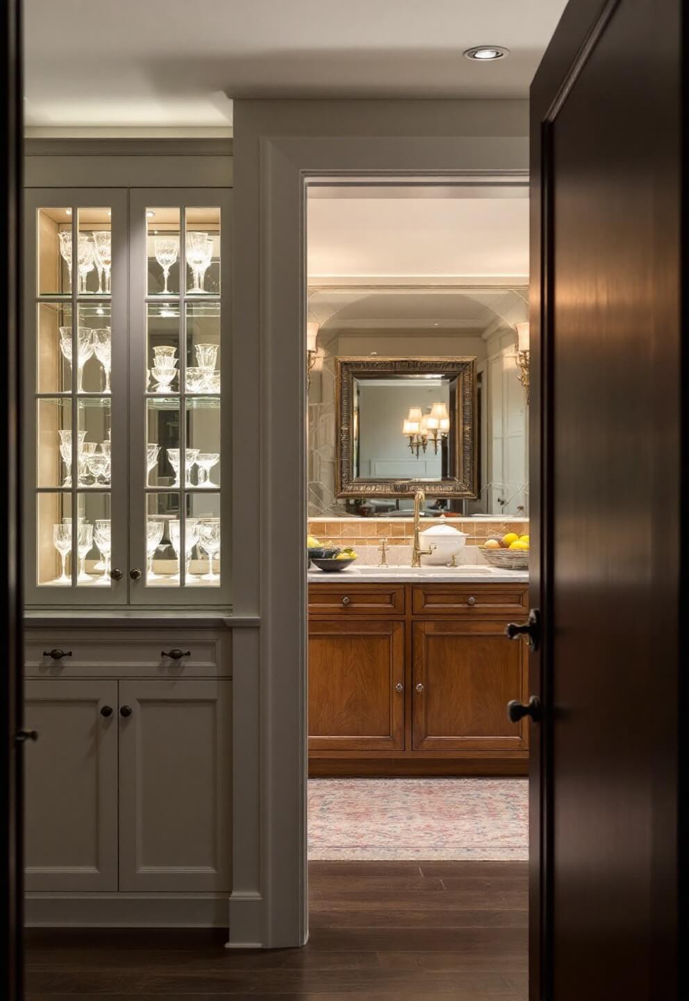 Twilight view of a well-lit butler's pantry leading to spacious kitchen with mirrored backsplash, glass cabinets showcasing crystal stemware, lit by warm sconce light.