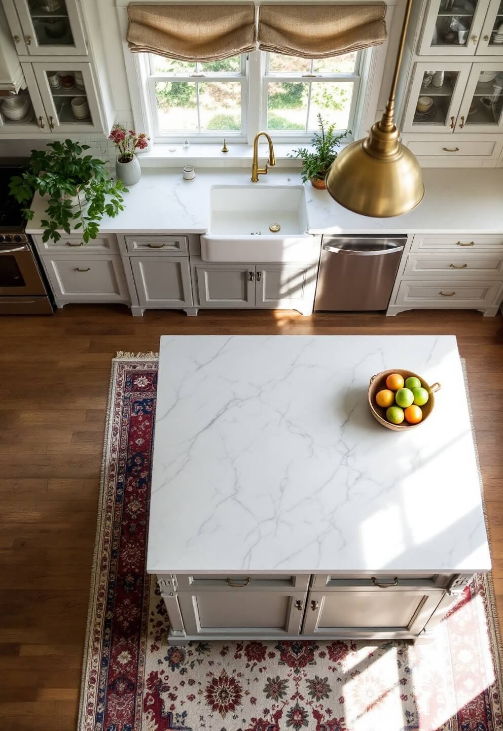 Overhead view of a 12ft kitchen island with white marble top, gray base, brass pot rack, linen pendant lights, and vintage rug below, lit by beautiful morning light.