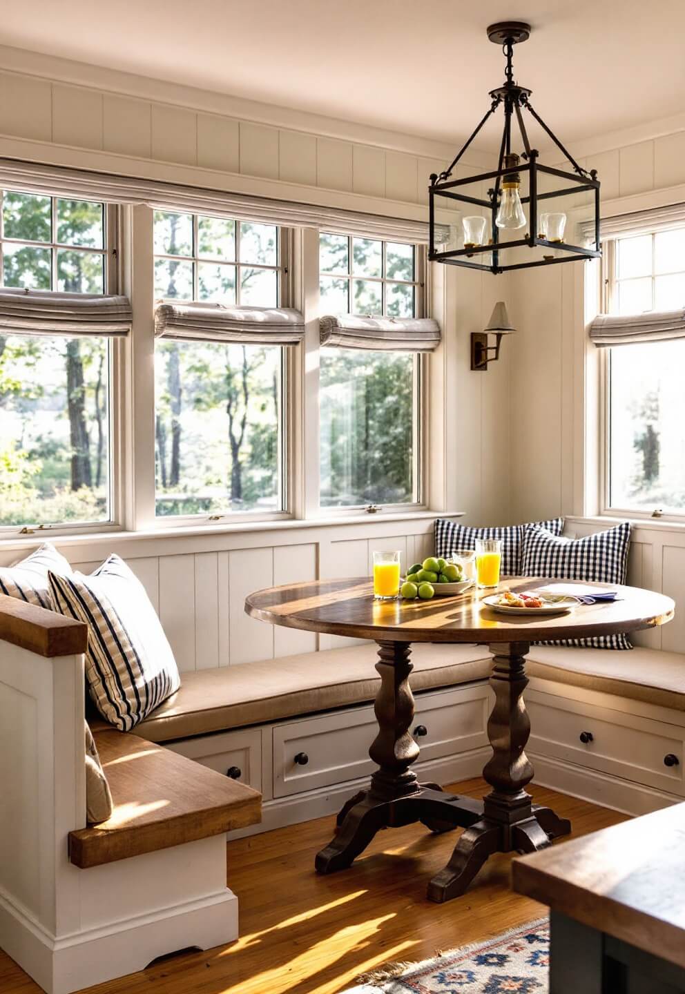 Late afternoon sun illuminating a rustic 14x16ft breakfast nook attached to a kitchen, adorned with striped linen curtains and featuring a built-in bench with storage and ticking stripe cushions, alongside a worn farmhouse table, captured at seated eye level during golden hour with f/2.0 lighting.