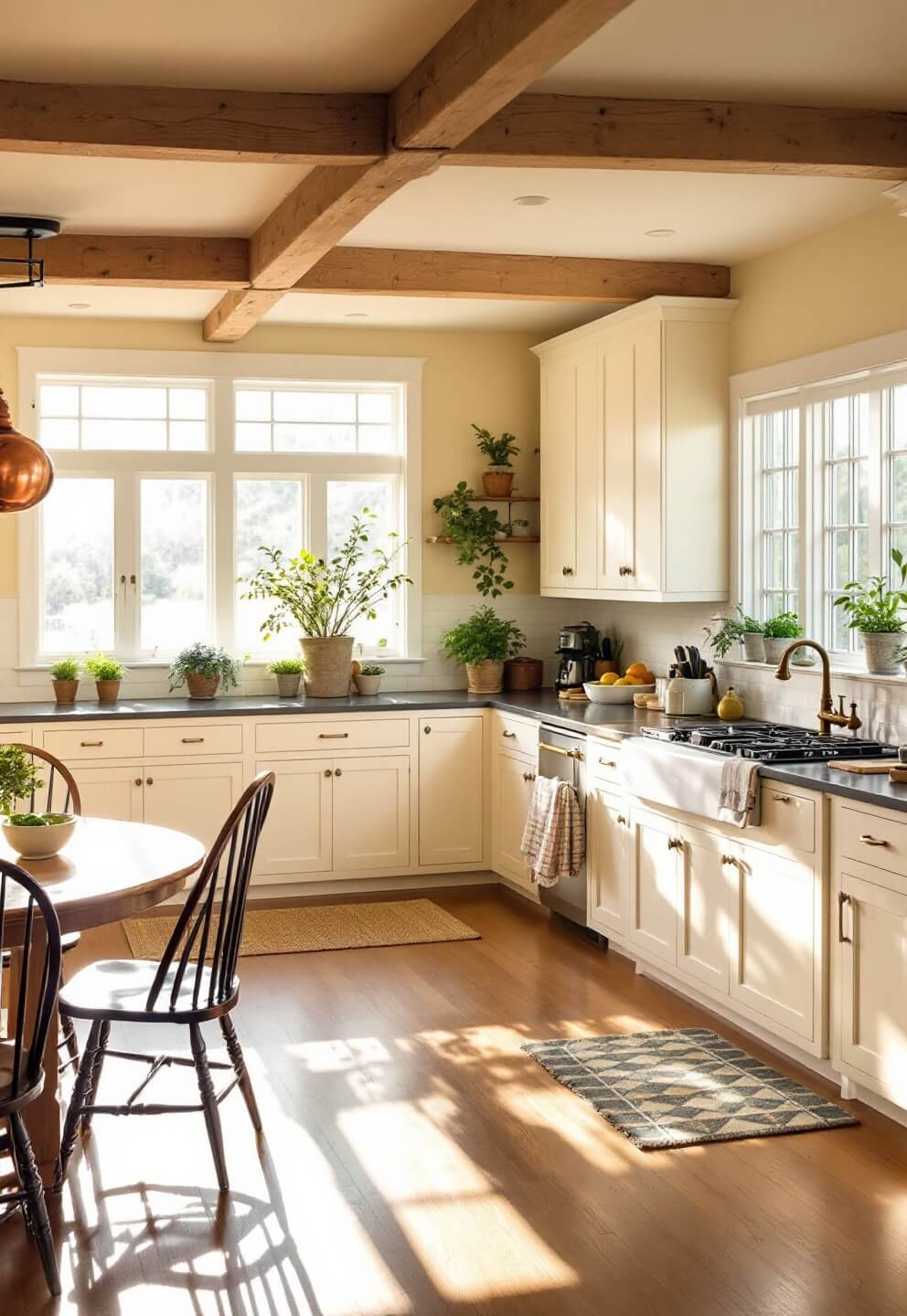 Sunny country kitchen with exposed wooden beams, white cabinets, soapstone counters and a weathered oak table surrounded by Windsor chairs