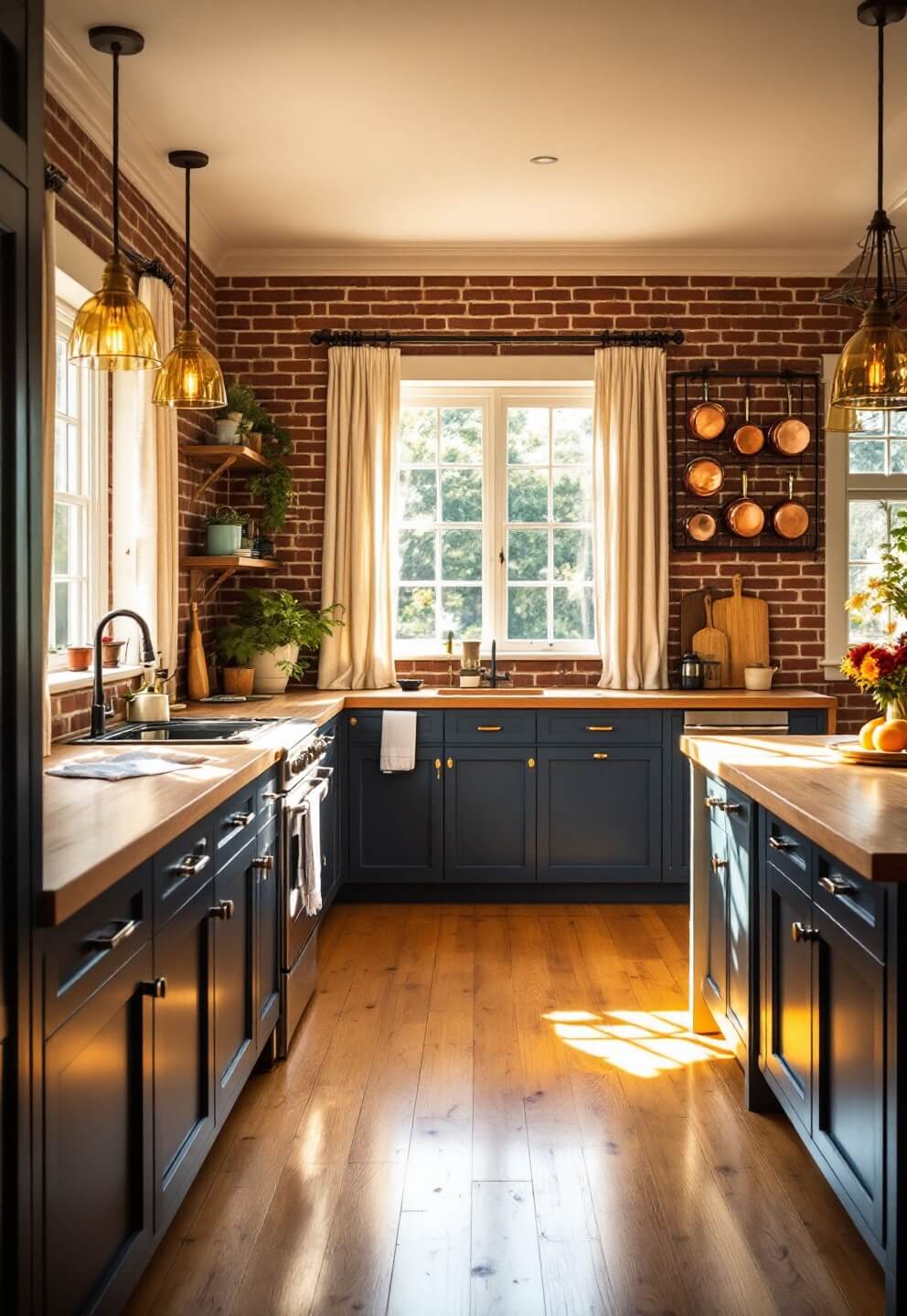 Sunlit farmhouse kitchen with cream brick walls, maple hardwood floors, navy cabinets, butcher block countertops, vintage oak dining table under pendant lights, and copper cookware on exposed brick wall, shot at f/2.8 for depth.