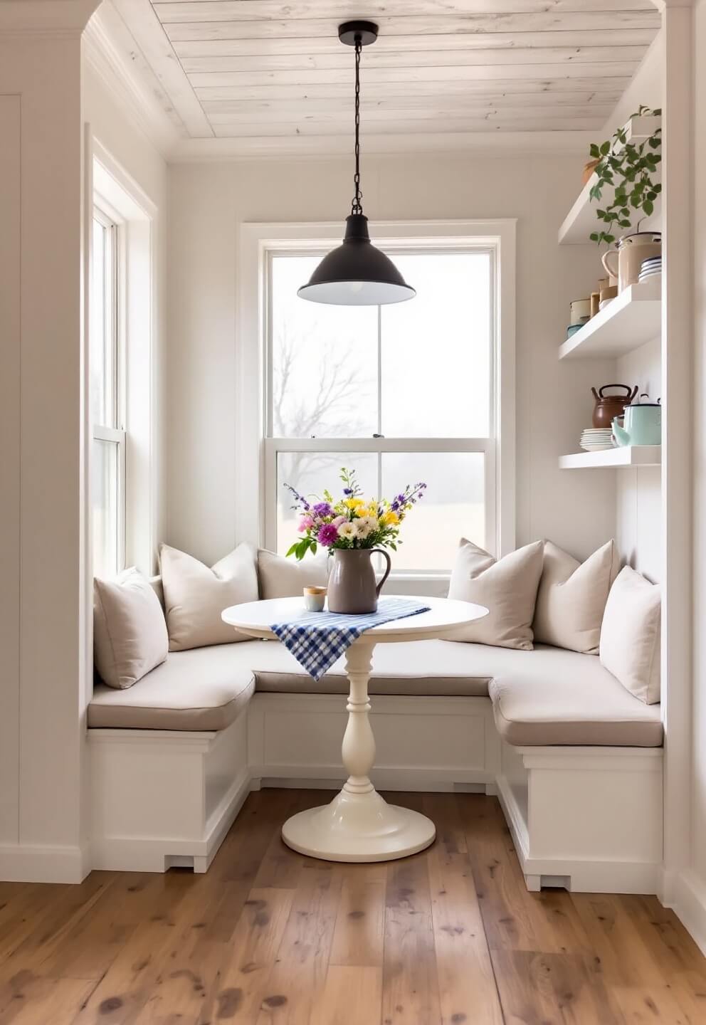 Cozy breakfast nook with cushioned seating, reclaimed wood floors, blue-striped clothed table, and vintage enamelware at dawn with morning mist visible through large windows.