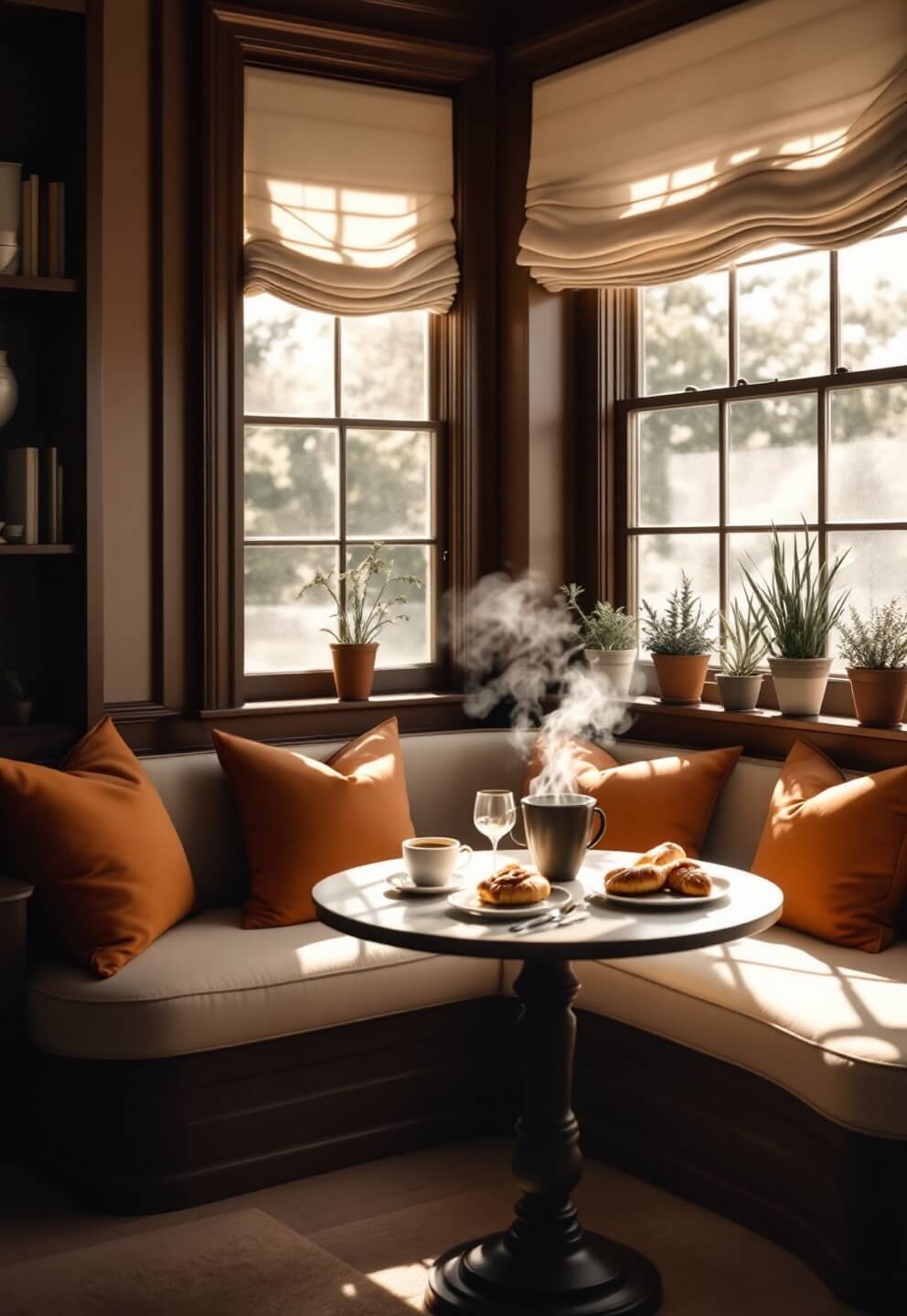 Intimate breakfast nook with cream cushions, terra cotta pillows, and potted herbs on windowsill illuminated by soft morning light, focusing on a steaming coffee cup and fresh pastries on a round table.